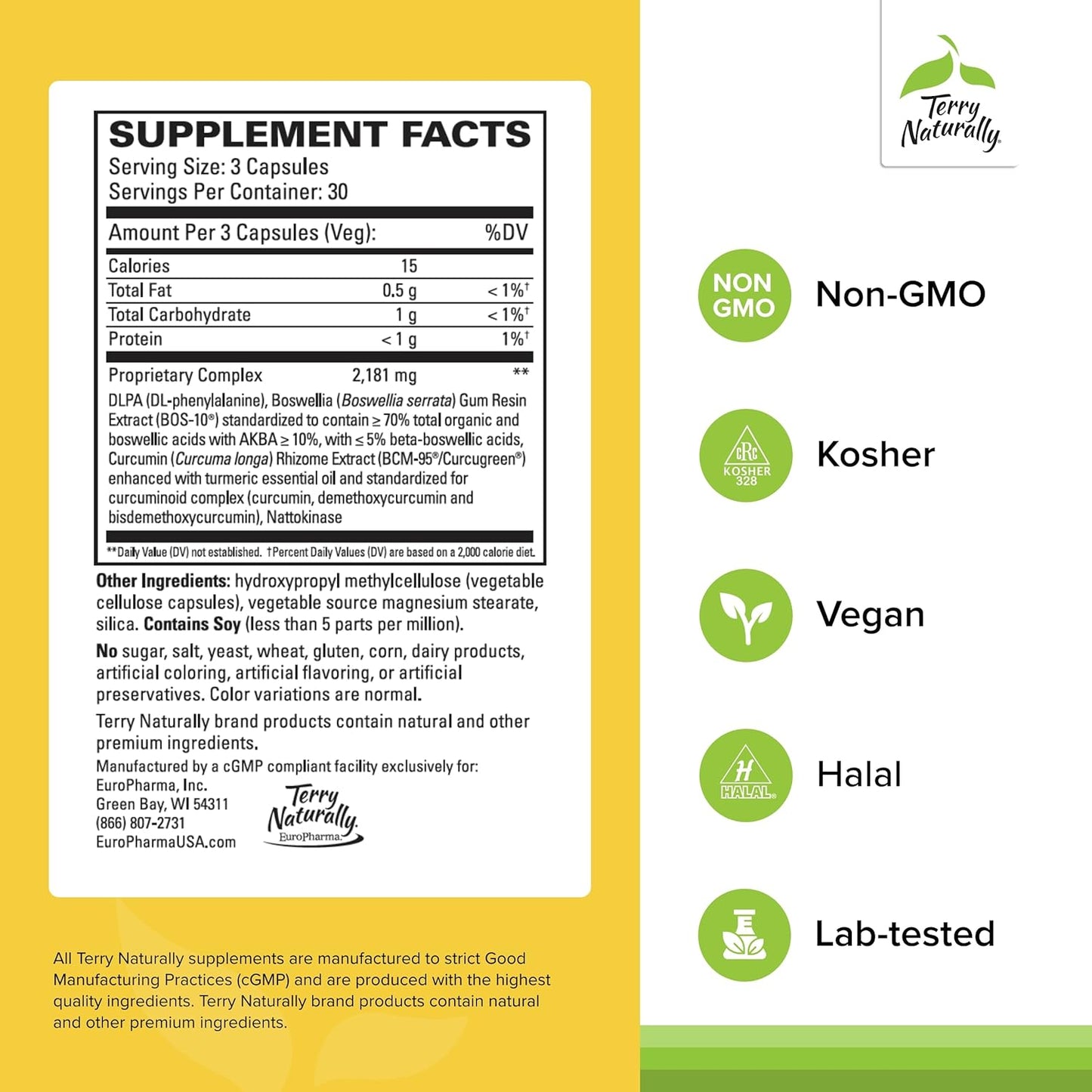 Terry Naturally Curamin Capsules - 90 Count - Curcumin, Boswellia, DLPA, Nattokinase - Non-GMO, Vegan, Gluten Free