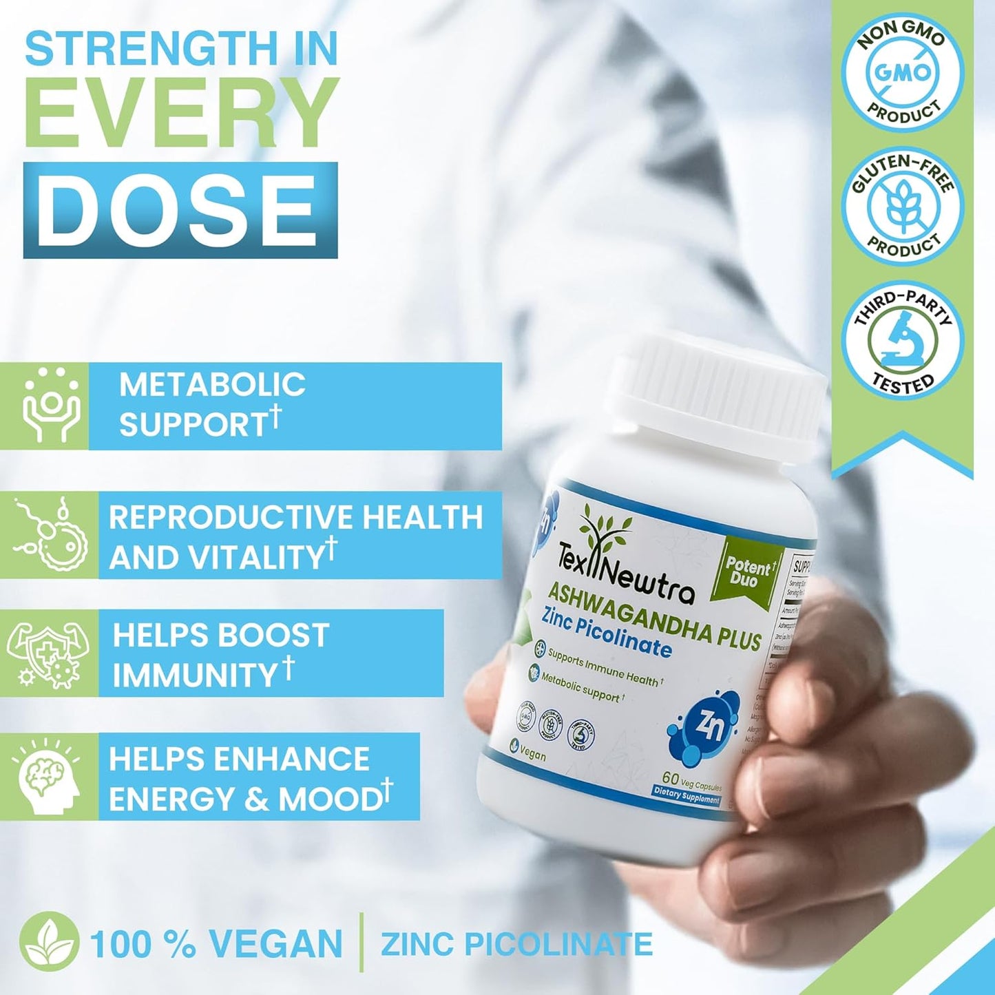 Texnewtra Ashwagandha and Zinc Picolinate Capsules - 60 Count - Immune Health and Metabolic Support Formula