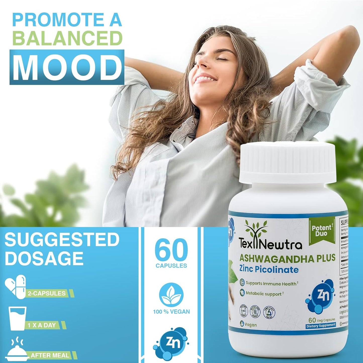 Texnewtra Ashwagandha and Zinc Picolinate Capsules - 60 Count - Immune Health and Metabolic Support Formula