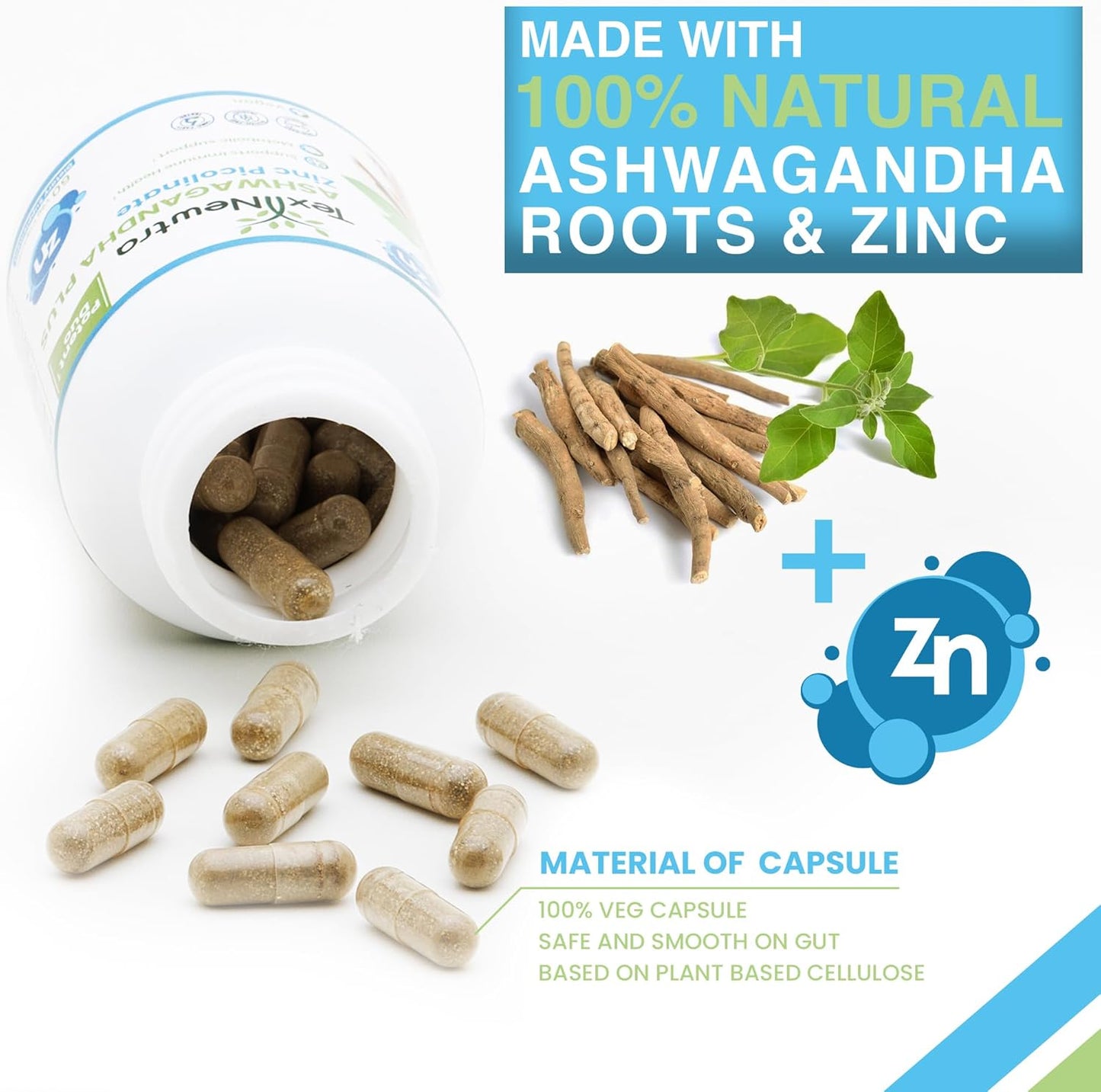 Texnewtra Ashwagandha and Zinc Picolinate Capsules - 60 Count - Immune Health and Metabolic Support Formula