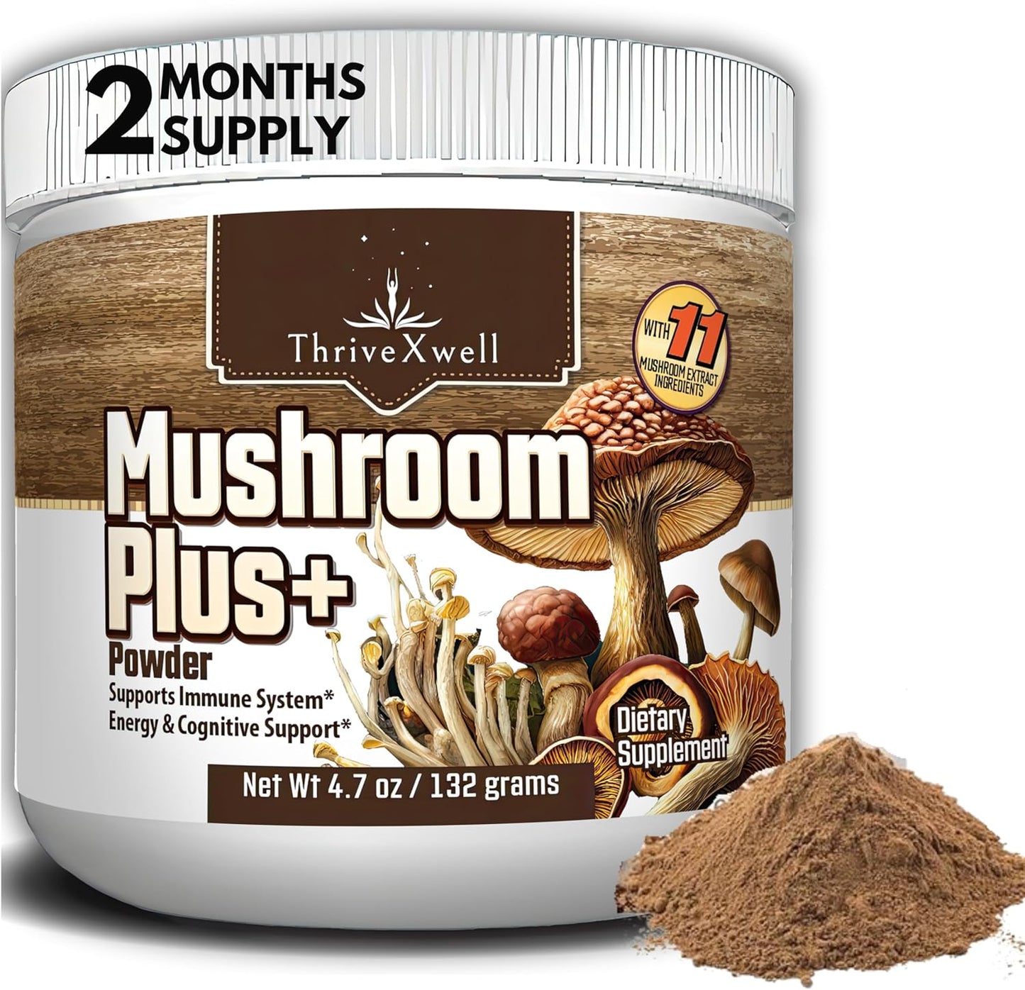 ThriveXwell Pure Mushroom Plus 11 in 1 Dietary Powder Supplement for Immune System & Energy - Chaga, Lions Mane, Reishi, Shiitake, Maitake - Filler Free, Gluten Free - 60 Servings
