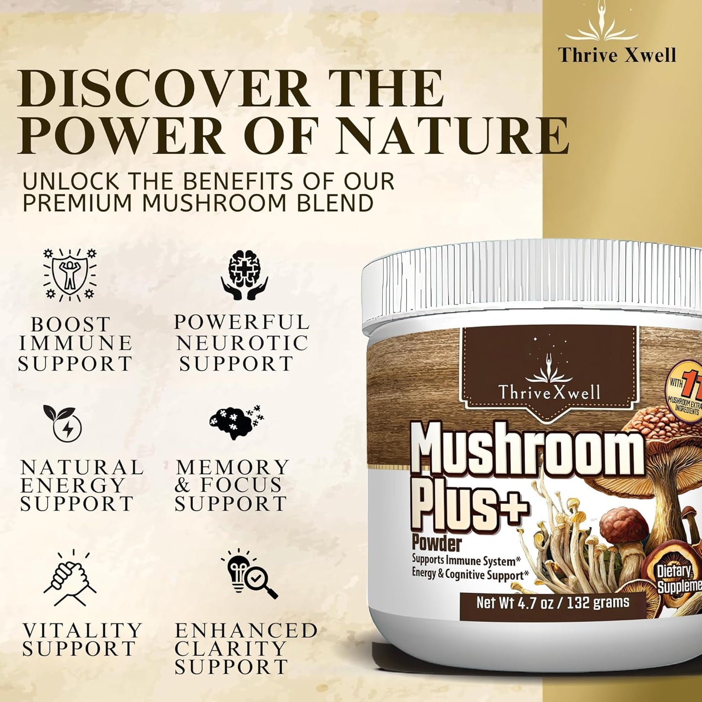ThriveXwell Pure Mushroom Plus 11 in 1 Dietary Powder Supplement for Immune System & Energy - Chaga, Lions Mane, Reishi, Shiitake, Maitake - Filler Free, Gluten Free - 60 Servings
