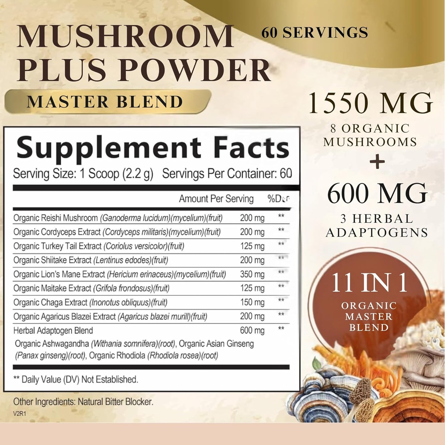 ThriveXwell Pure Mushroom Plus 11 in 1 Dietary Powder Supplement for Immune System & Energy - Chaga, Lions Mane, Reishi, Shiitake, Maitake - Filler Free, Gluten Free - 60 Servings