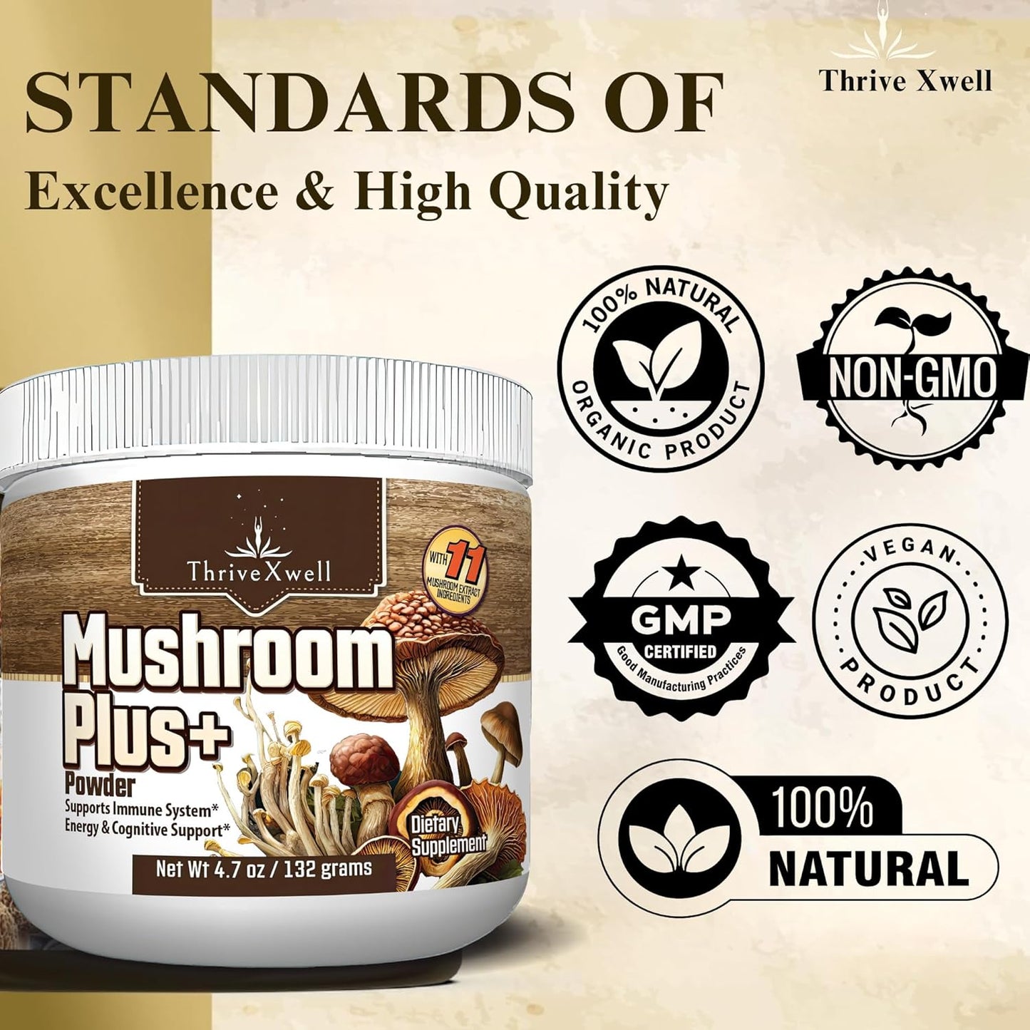 ThriveXwell Pure Mushroom Plus 11 in 1 Dietary Powder Supplement for Immune System & Energy - Chaga, Lions Mane, Reishi, Shiitake, Maitake - Filler Free, Gluten Free - 60 Servings