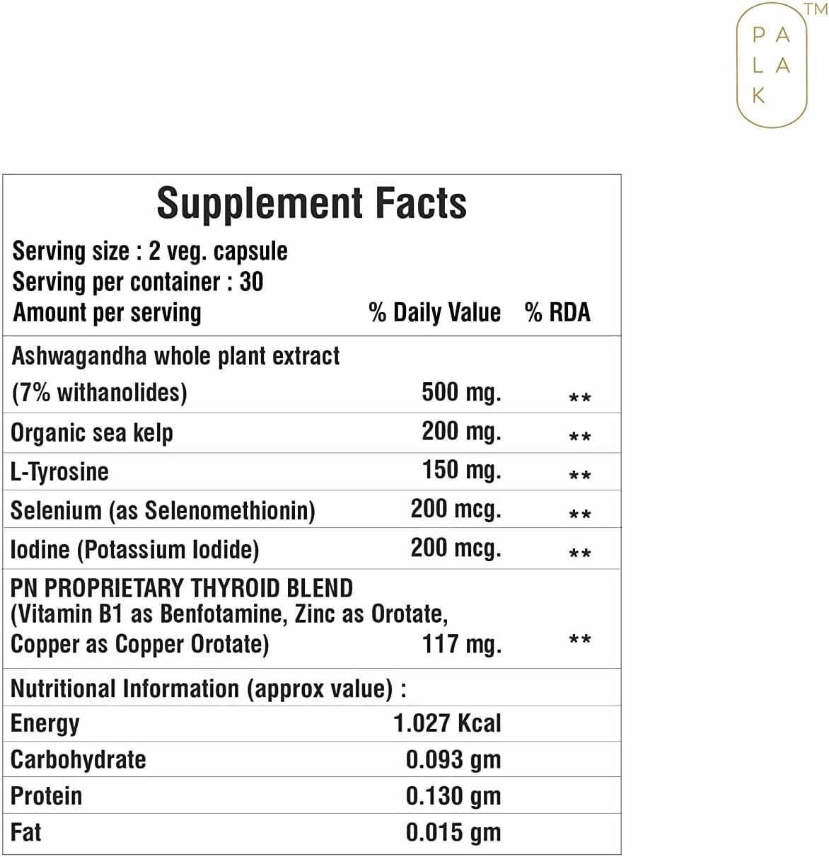 Thyroid Support Supplement with Selenium, Sea Kelp, L-Tyrosine, Zinc, Ashwagandha, Vitamin B1 - 60 Capsules