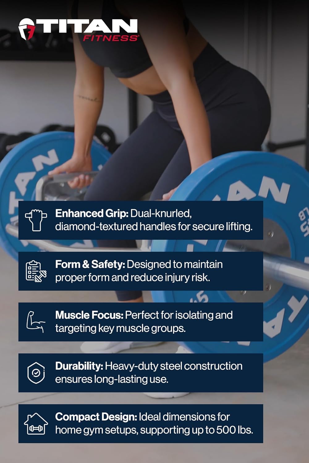 Titan Fitness Olympic Hex Trap Barbell for Deadlifts and Squats, 500 LB Capacity, Knurled Grips