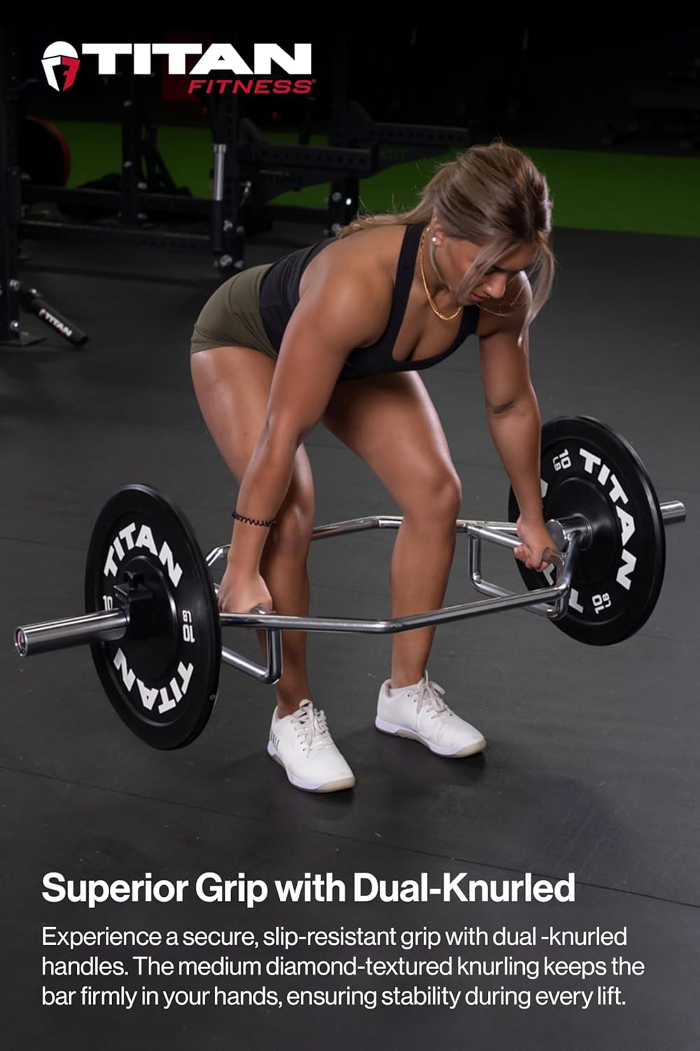 Titan Fitness Olympic Hex Trap Barbell for Deadlifts and Squats, 500 LB Capacity, Knurled Grips