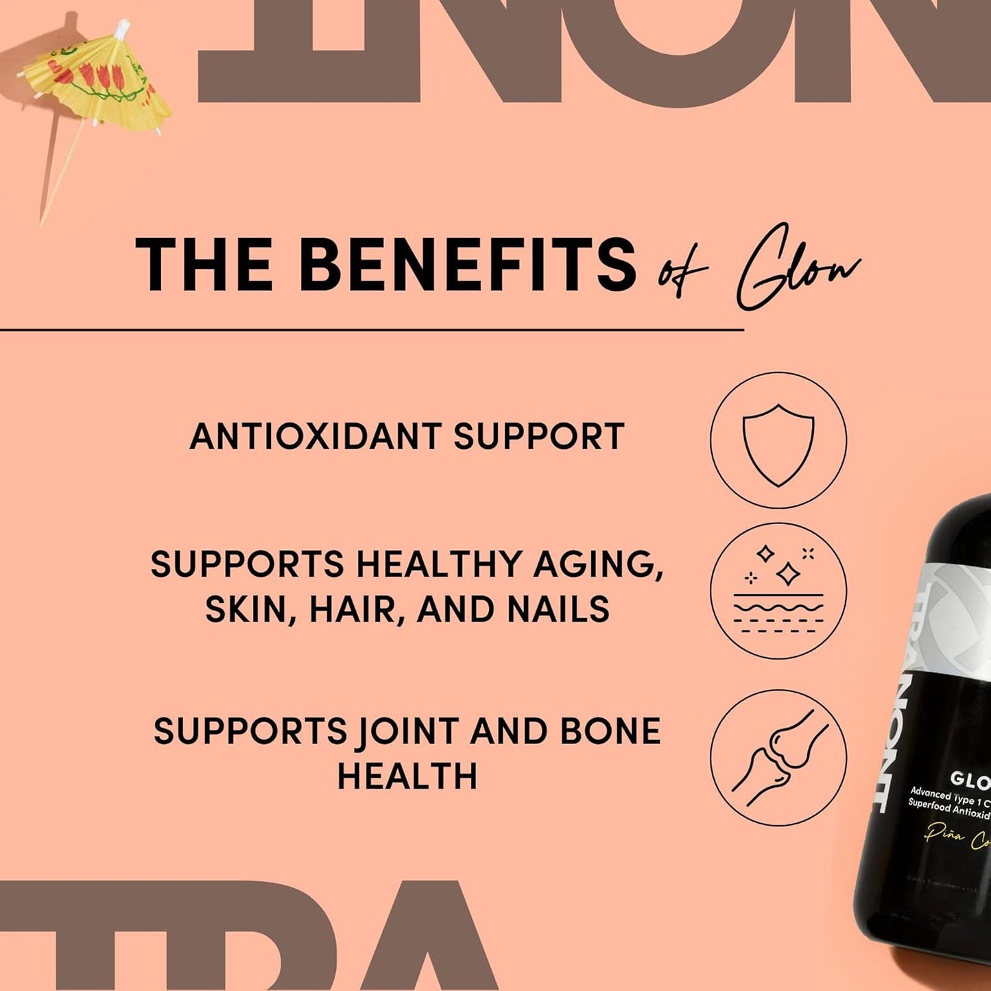 Tranont Glow Liquid Collagen with Hyaluronic Acid & Peptides - Piña Colada Flavor - 15oz - Supports Hair, Skin, Nails, and Joints with Superfood Antioxidants.