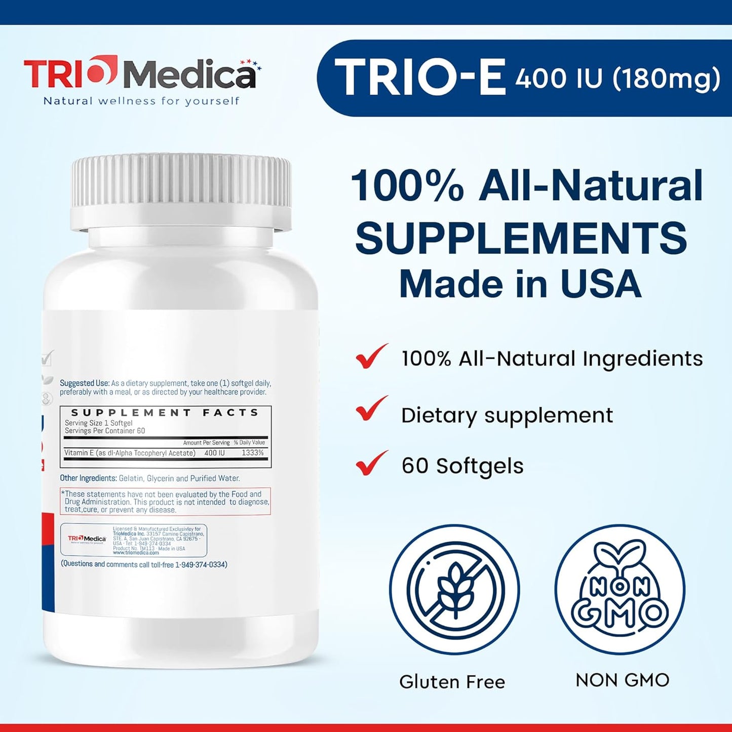 TRIOMEDICA Trio-E 400 IU dl-Alpha Vitamin E Softgels - Antioxidant & Immune Support Supplement, 60 Count