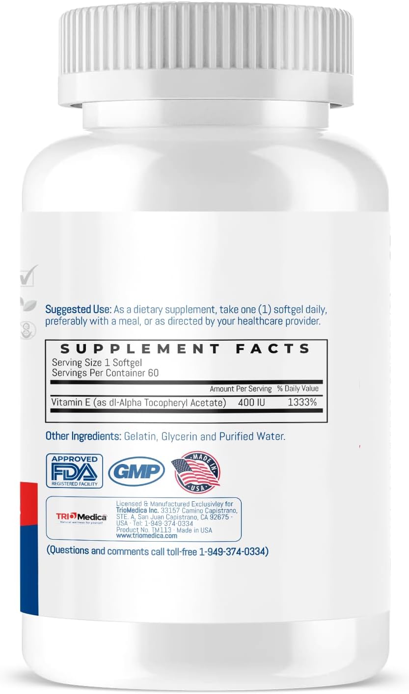 TRIOMEDICA Trio-E 400 IU dl-Alpha Vitamin E Softgels - Antioxidant & Immune Support Supplement, 60 Count