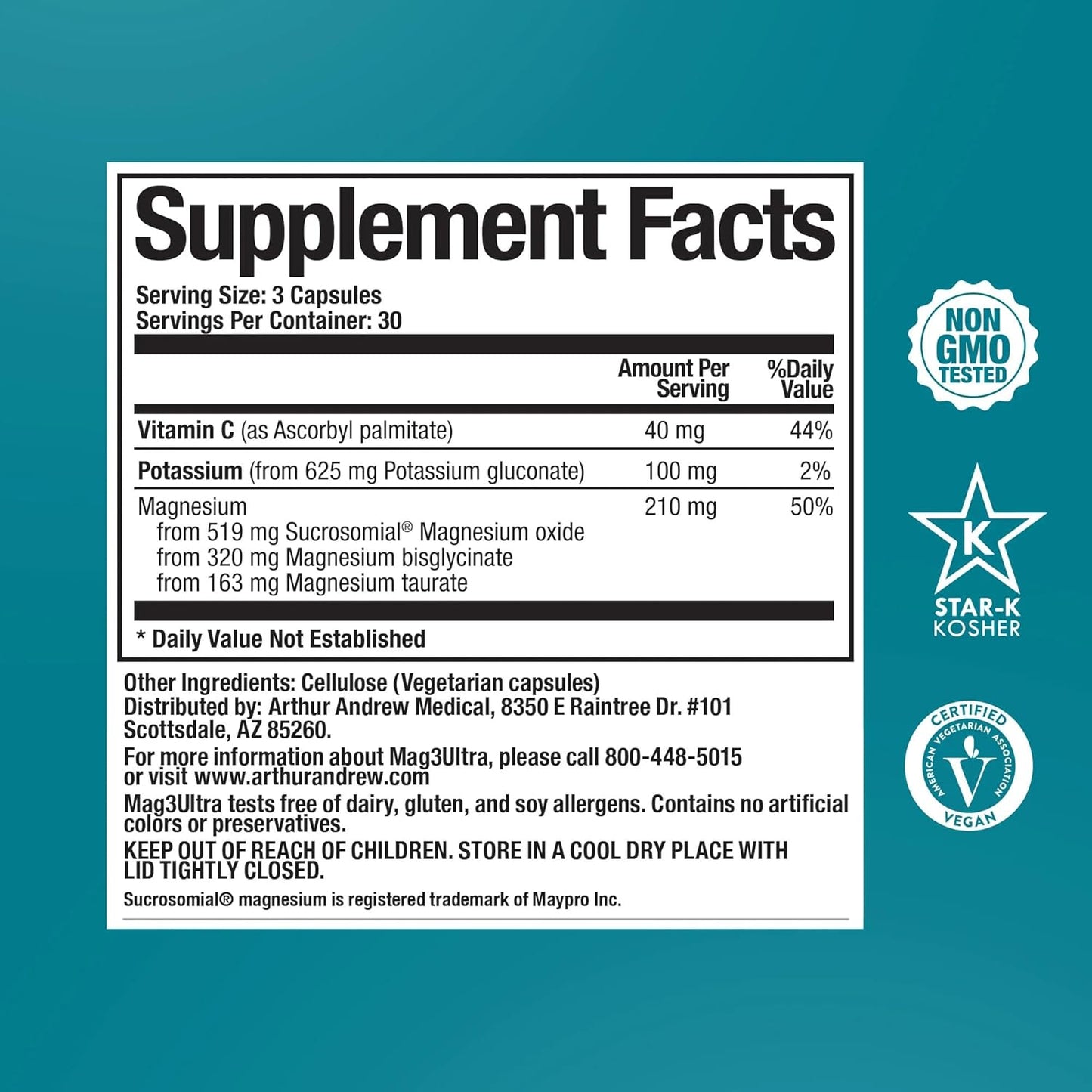Triple Magnesium Supplement for Muscle, Stress, Mood, Nerve, Bone & Heart Support - 90 Capsules by Arthur Andrew Medical