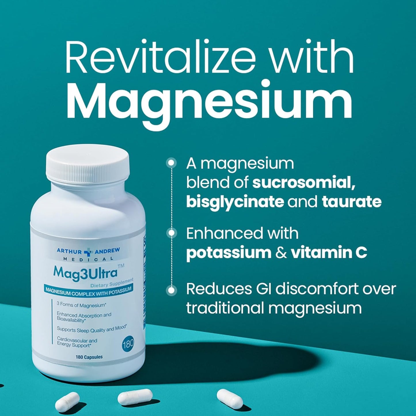 Triple Magnesium Supplement for Muscle, Stress, Mood, Nerve, Bone & Heart Support - 90 Capsules by Arthur Andrew Medical