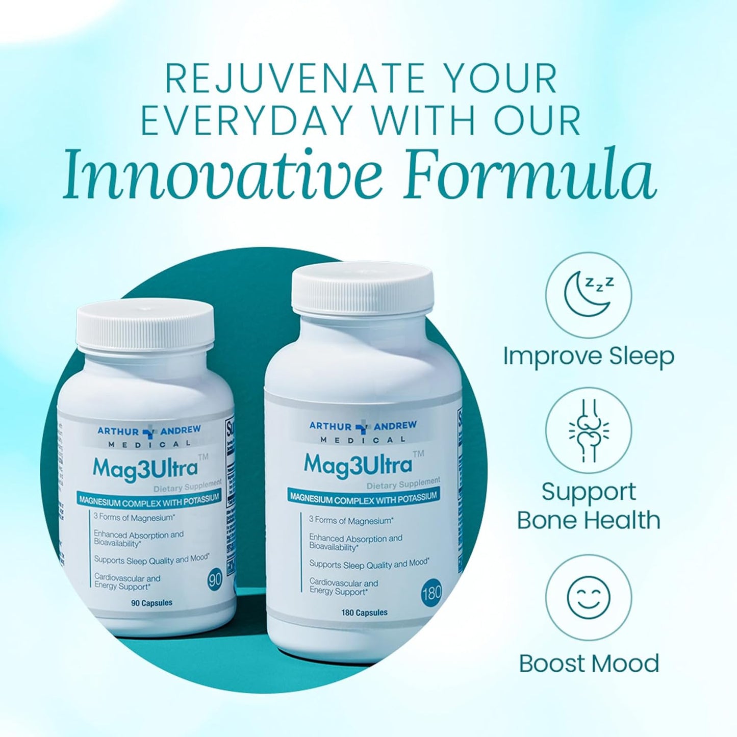 Triple Magnesium Supplement for Muscle, Stress, Mood, Nerve, Bone & Heart Support - 90 Capsules by Arthur Andrew Medical