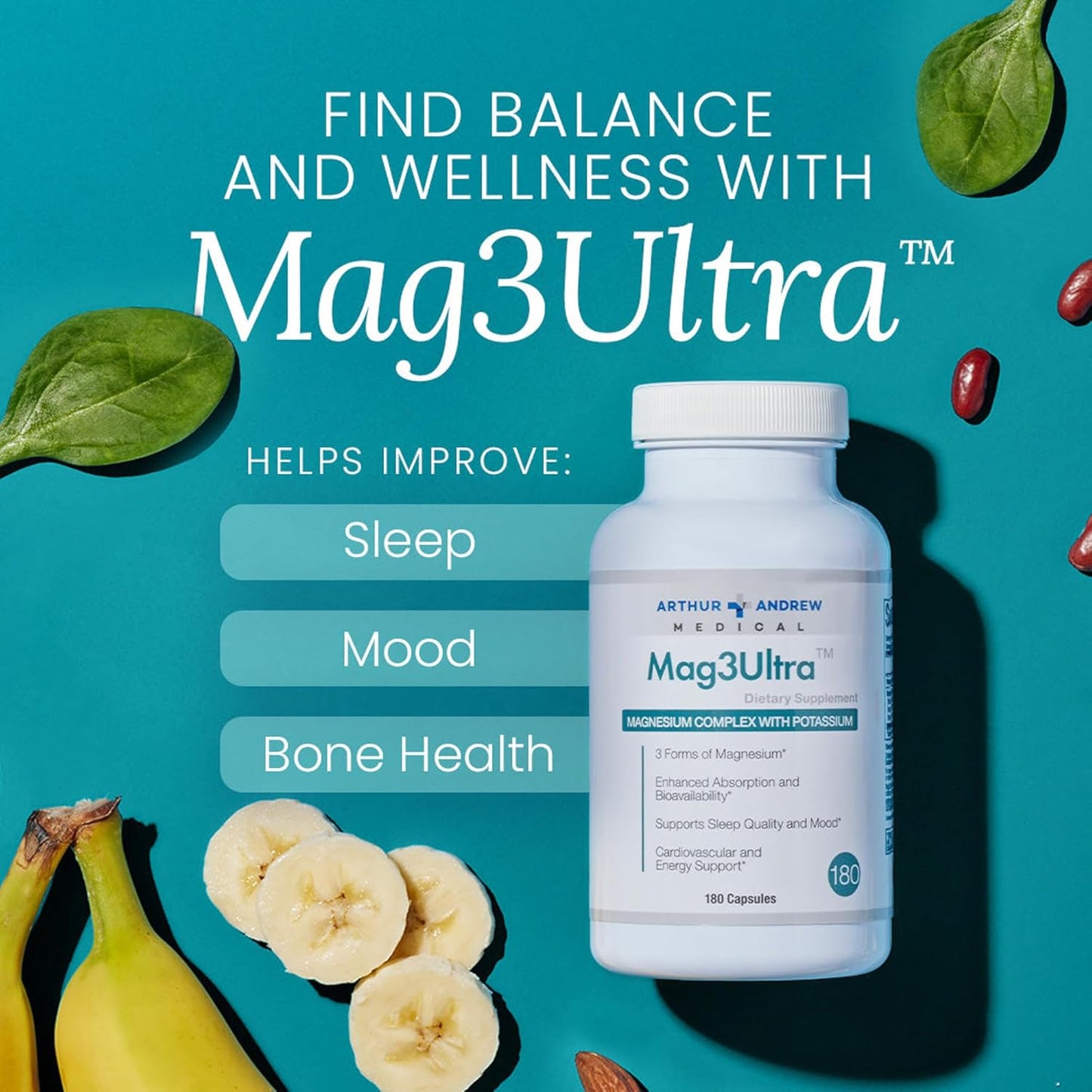 Triple Magnesium Supplement for Muscle, Stress, Mood, Nerve, Bone & Heart Support - 90 Capsules by Arthur Andrew Medical