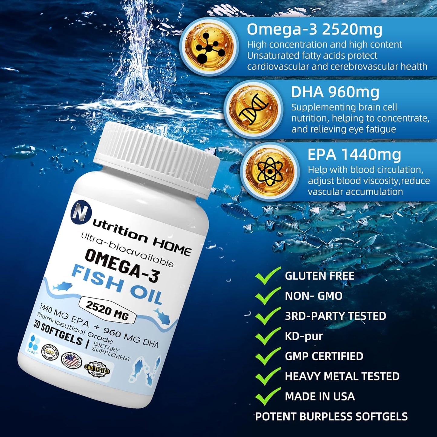Triple Strength Omega 3 Fish Oil Softgels - 3000mg, EPA & DHA, 2520mg Omega 3 Fatty Acids, Premium Burpless Supplements - 90 Count
