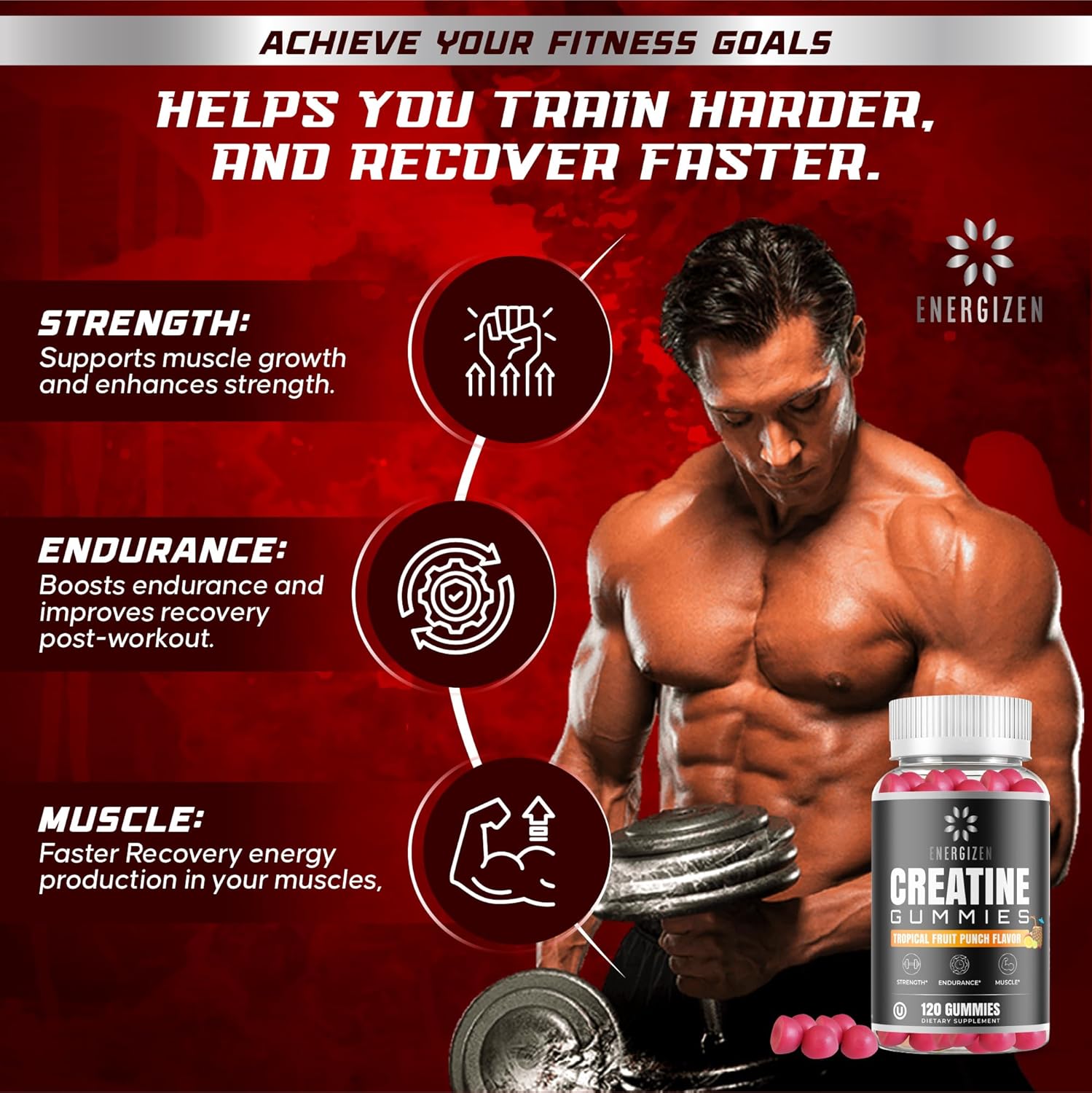 Tropical Fruit Punch Flavored Creatine Gummies | 5g Creatine/Serving | Vegetarian, Kosher, Halal | Gluten-Free & Natural Ingredients