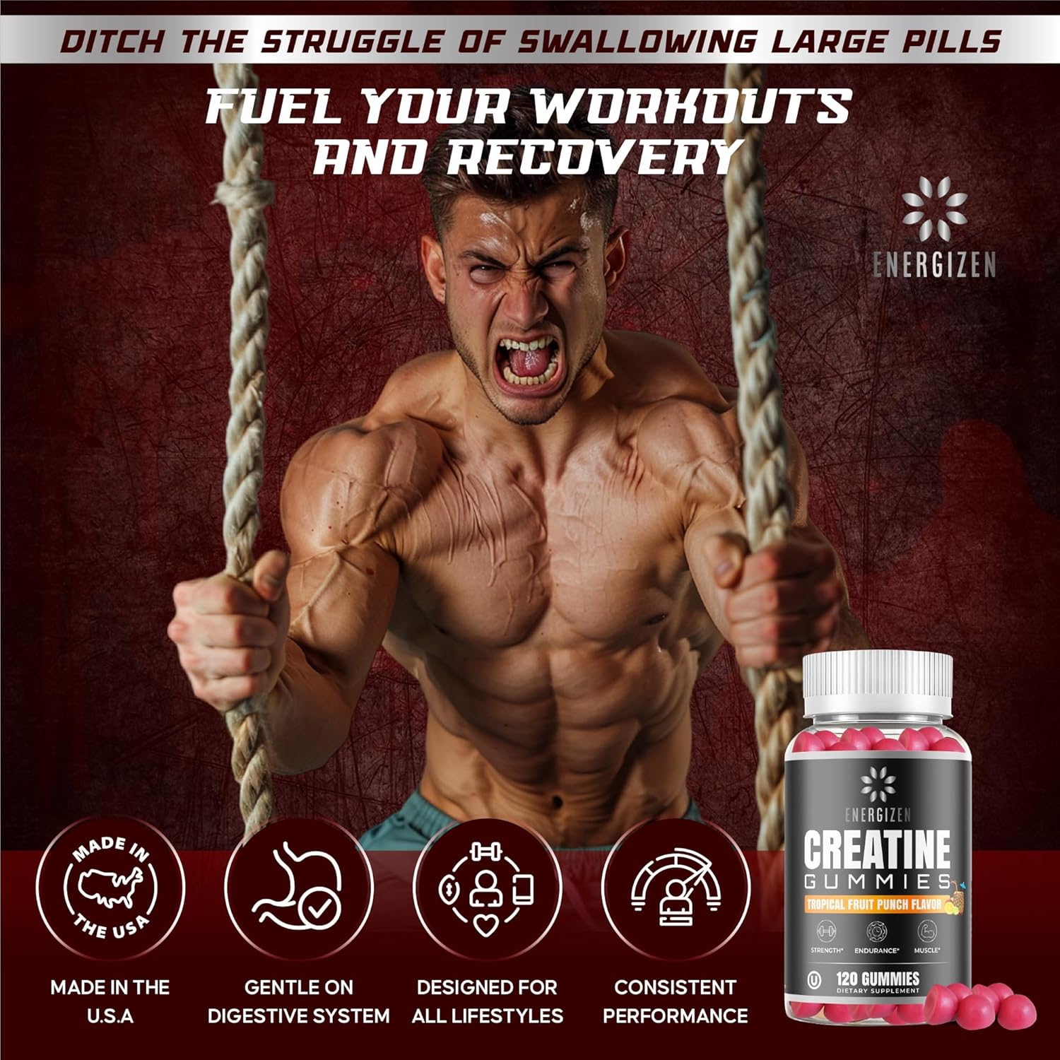 Tropical Fruit Punch Flavored Creatine Gummies | 5g Creatine/Serving | Vegetarian, Kosher, Halal | Gluten-Free & Natural Ingredients