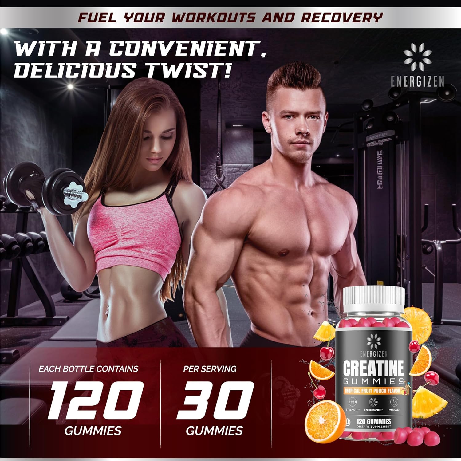 Tropical Fruit Punch Flavored Creatine Gummies | 5g Creatine/Serving | Vegetarian, Kosher, Halal | Gluten-Free & Natural Ingredients