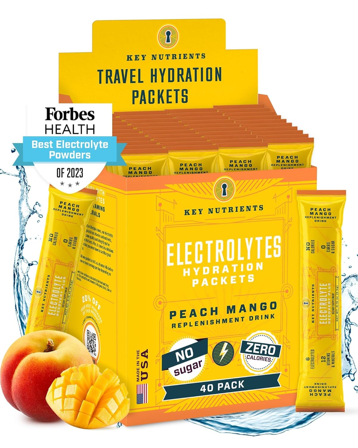 Tropical Peach Mango Electrolyte Powder Packets - 40 Pack for Post-Workout Recovery and Hydration - Travel-Friendly Hydration Supplement