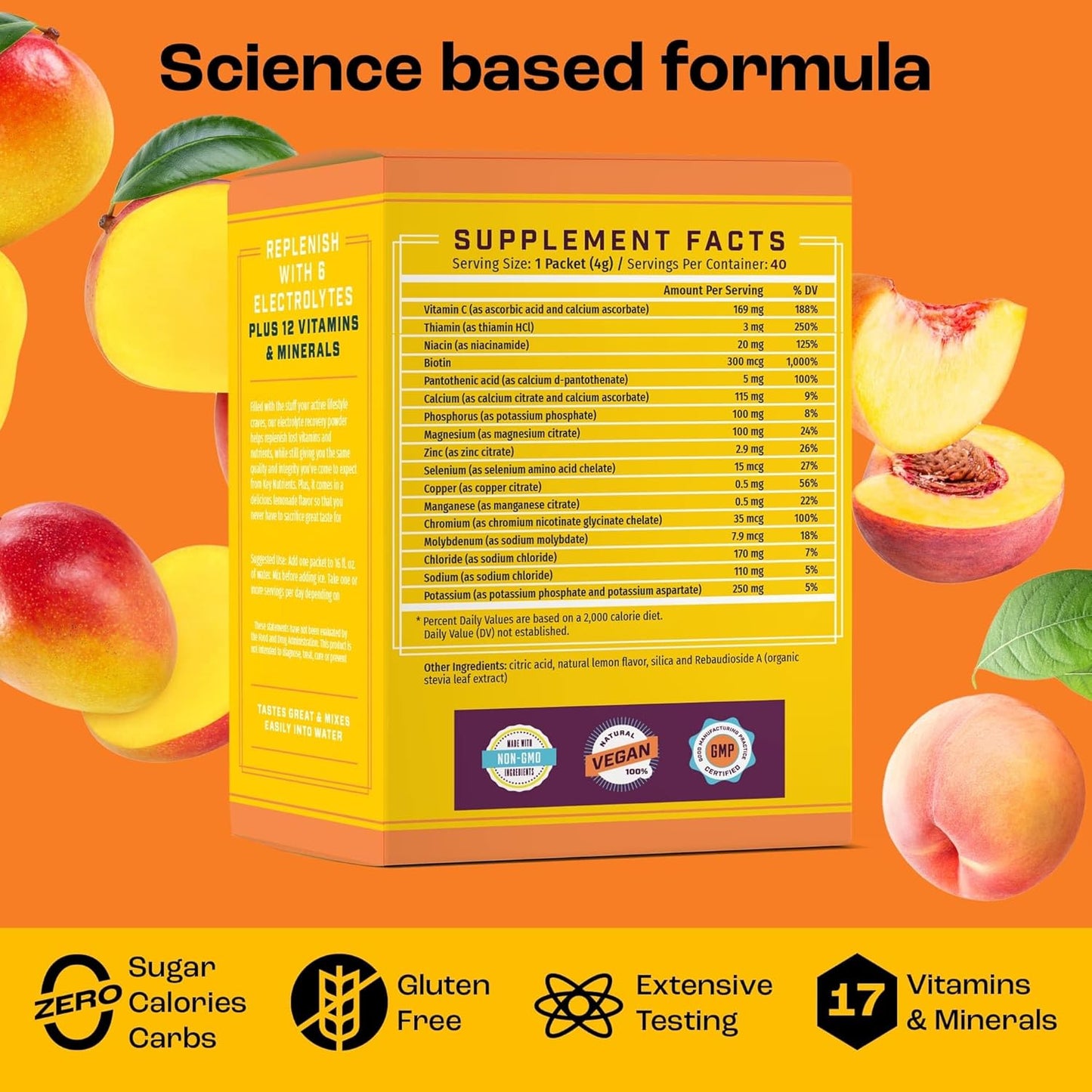 Tropical Peach Mango Electrolyte Powder Packets - 40 Pack for Post-Workout Recovery and Hydration - Travel-Friendly Hydration Supplement