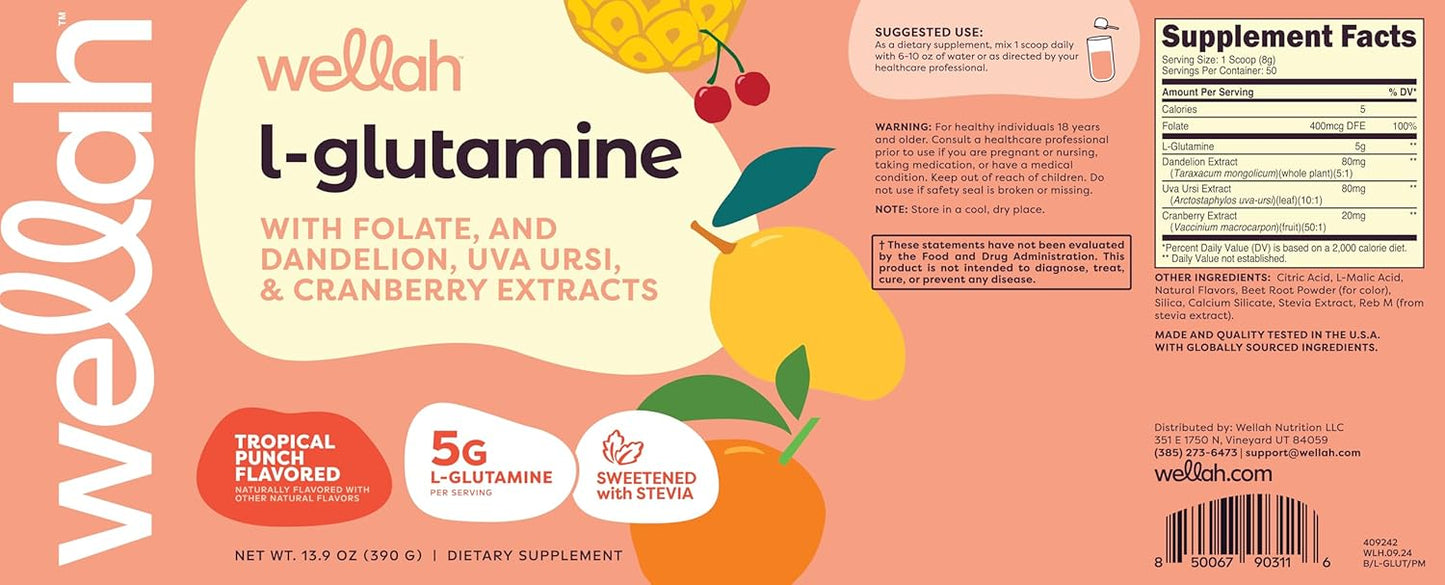 Tropical Punch L-Glutamine Powder - 5g Per Serving, Sweetened with Stevia - 50 Servings