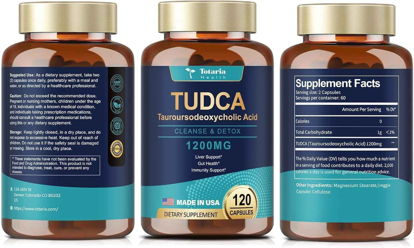TUDCA Bile Salts Liver Support Supplement 1200mg, 120 Capsules, (Two Daily, 60 Days), for Liver and Gallbladder Support, Vegan