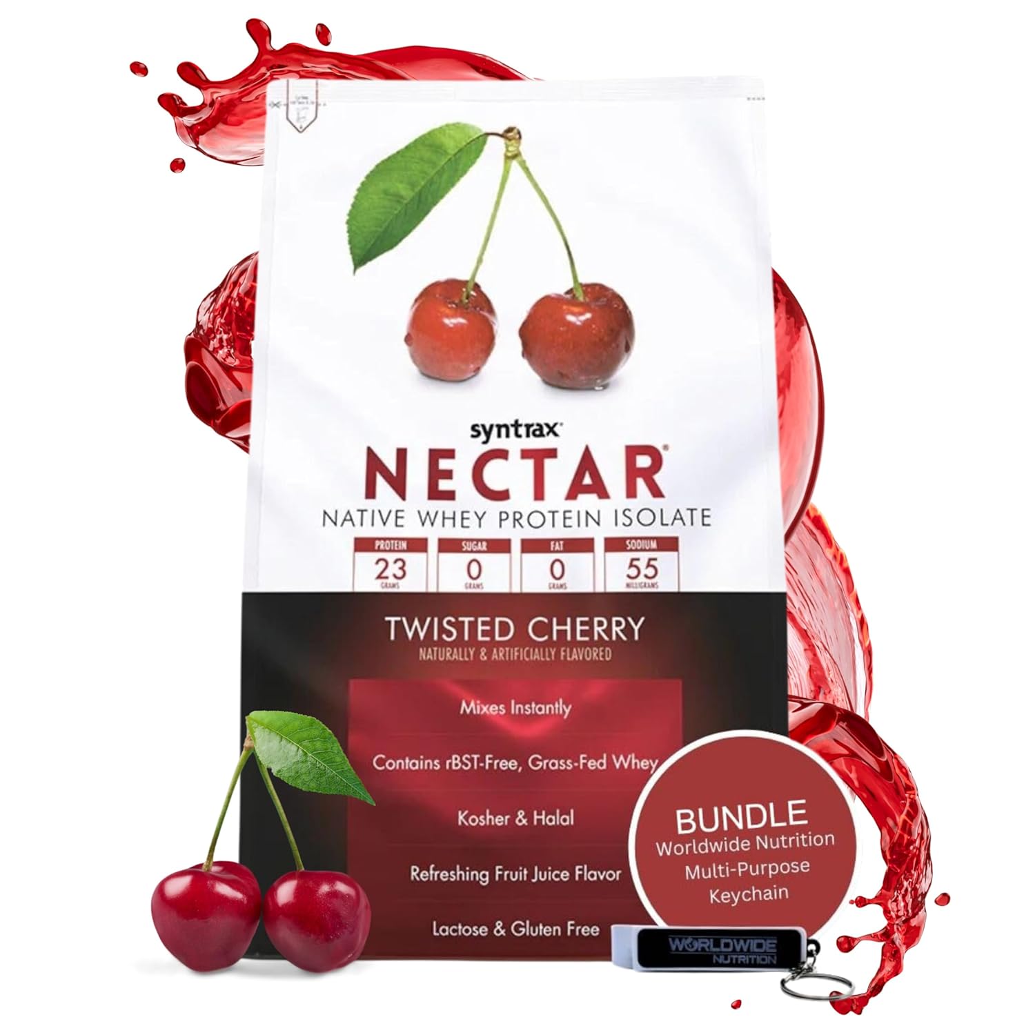 Twisted Cherry Flavored Nectar Whey Isolate Protein Powder Bundle - 2lbs Gluten-Free & Lactose-Free with Worldwide Nutrition Keychain
