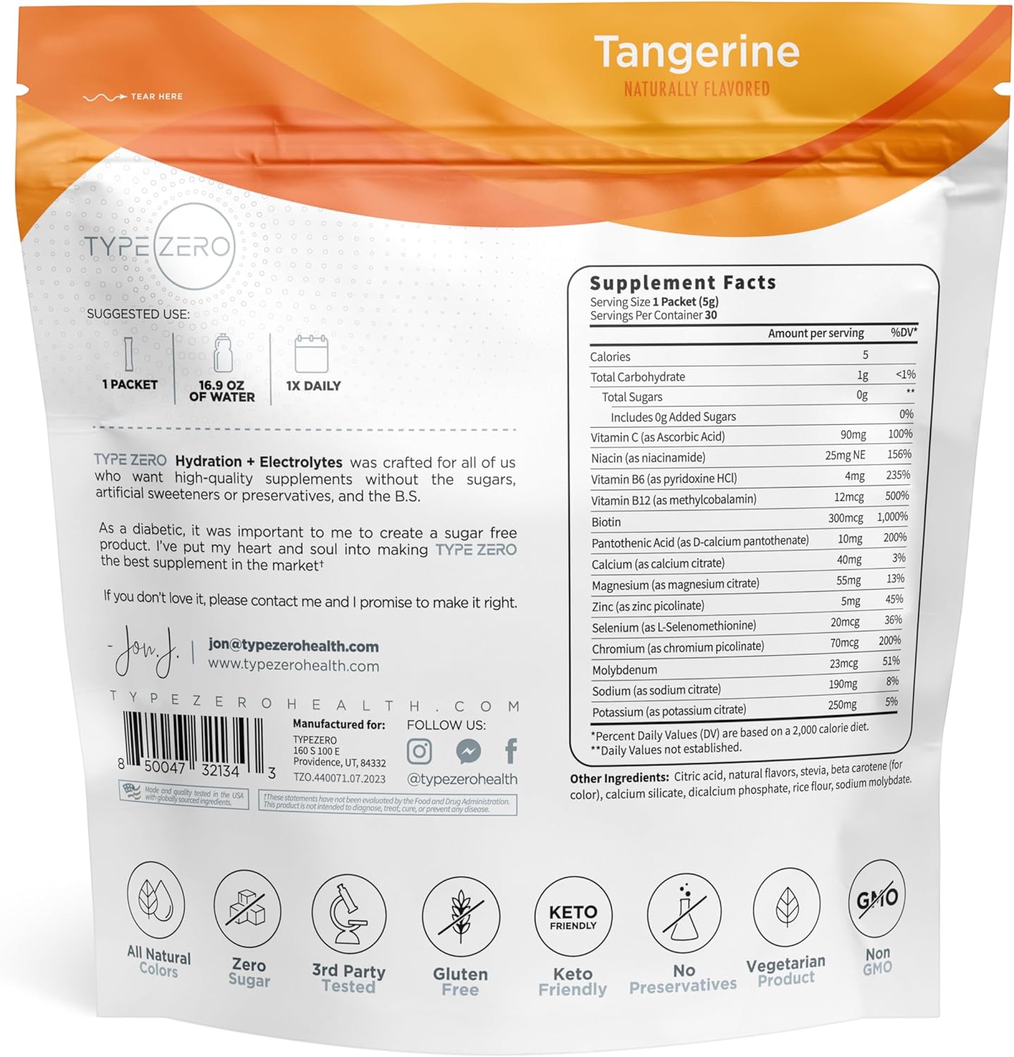 Type Zero Tangerine Hydration Drink Mix - 30 Single-Serving Packets with Electrolytes for Ultimate Hydration