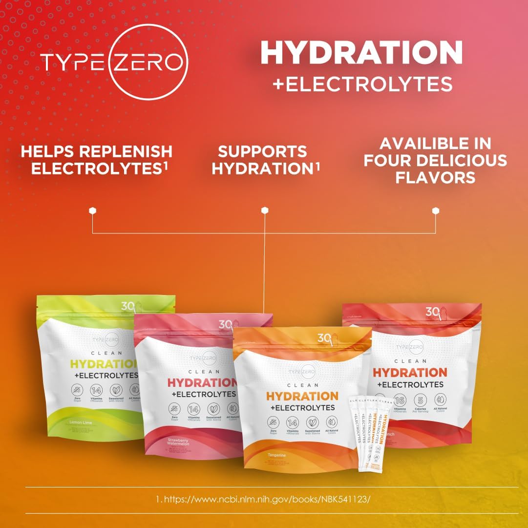 Type Zero Tangerine Hydration Drink Mix - 30 Single-Serving Packets with Electrolytes for Ultimate Hydration