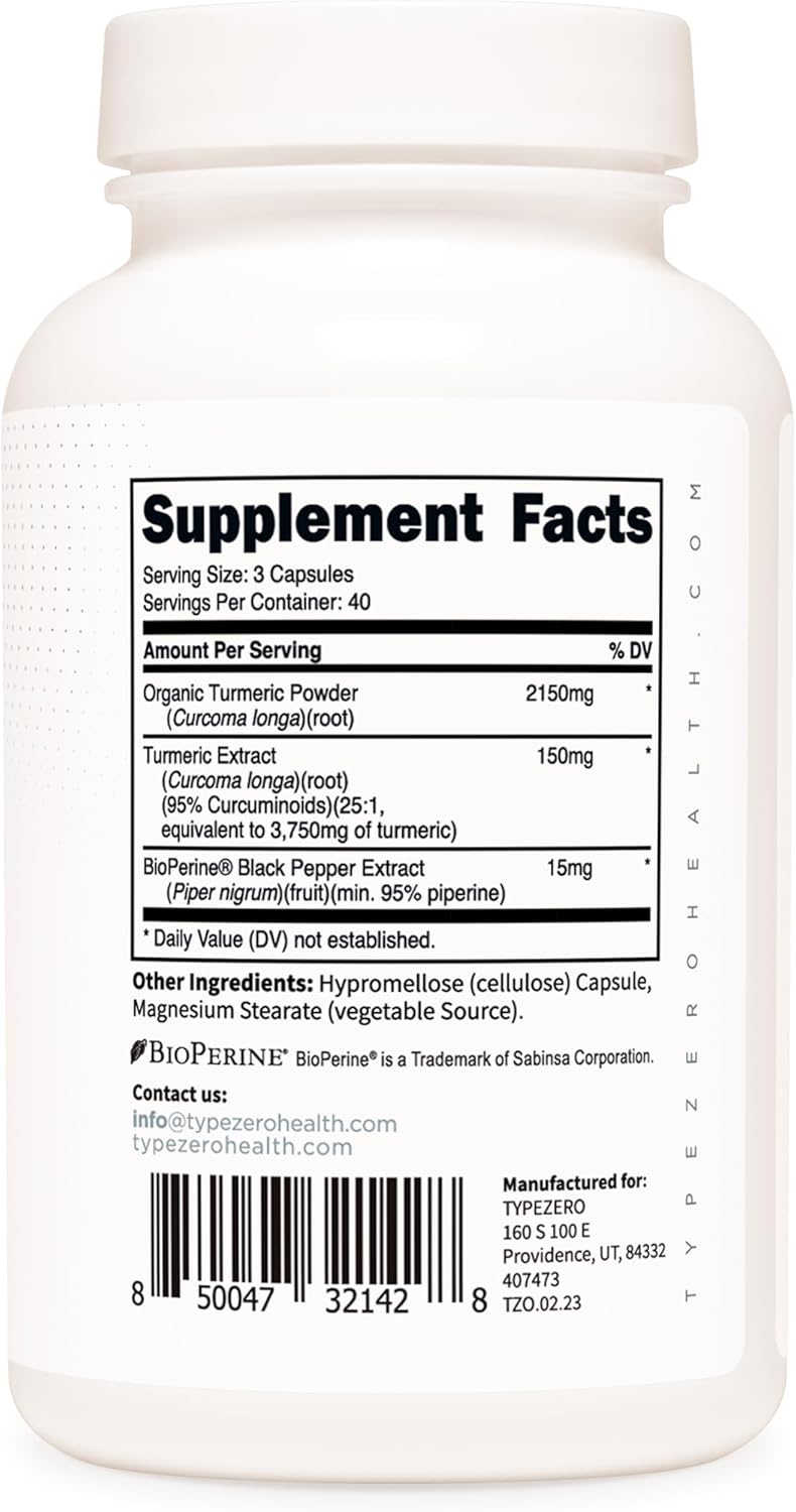 Type Zero Turmeric with Bioperine Capsules - 2300mg Serving, GMO & Gluten Free - 3rd Party Tested
