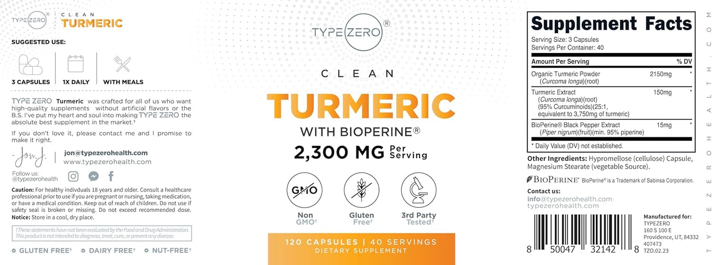 Type Zero Turmeric with Bioperine Capsules - 2300mg Serving, GMO & Gluten Free - 3rd Party Tested