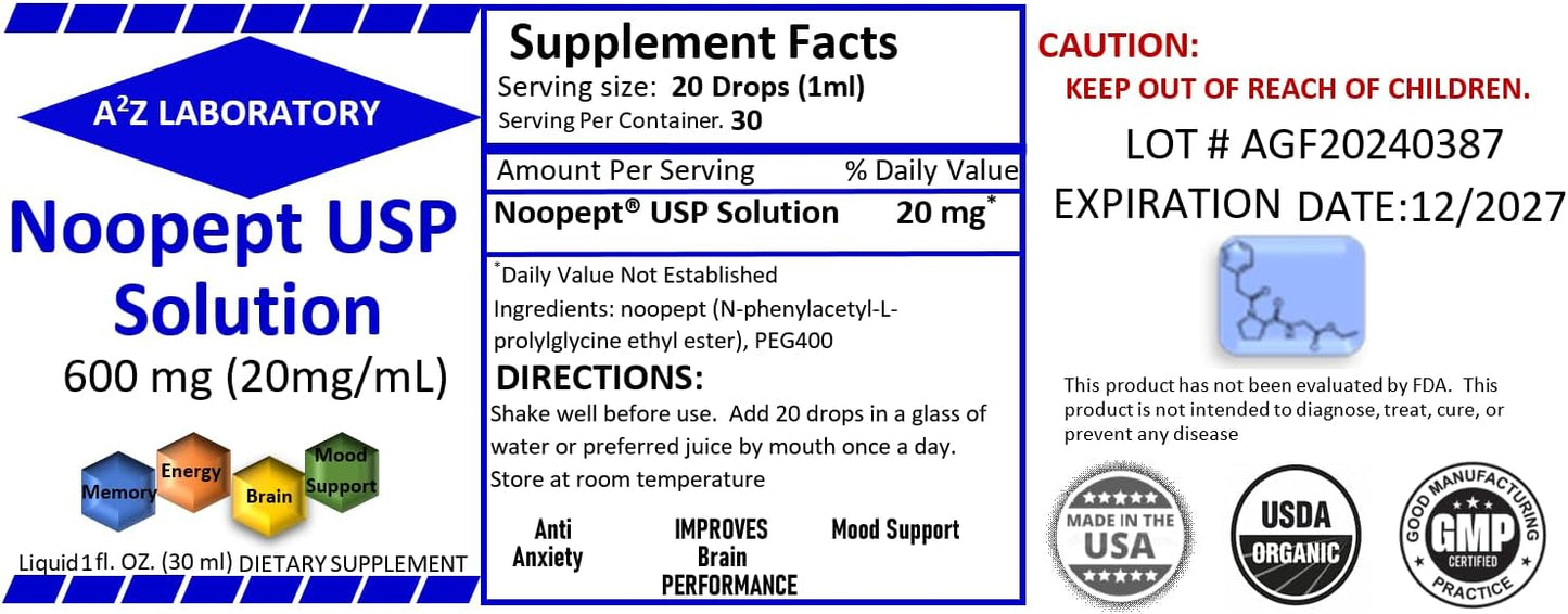 Ultra Pure Noopept Solution Liquid 2x1 OZ (600mg) with Memory, Energy, Brain, and Mood Support - Made in USA, Same Day Shipping