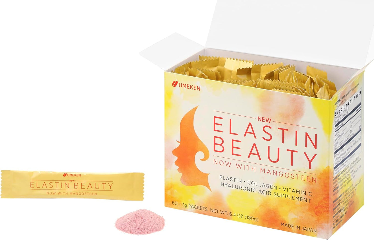 Umeken Elastin Beauty Powder Supplement with Collagen Peptides, Hyaluronic Acid, Vitamin C and Mangosteen Fruit for Women's Health - 1 Month Supply