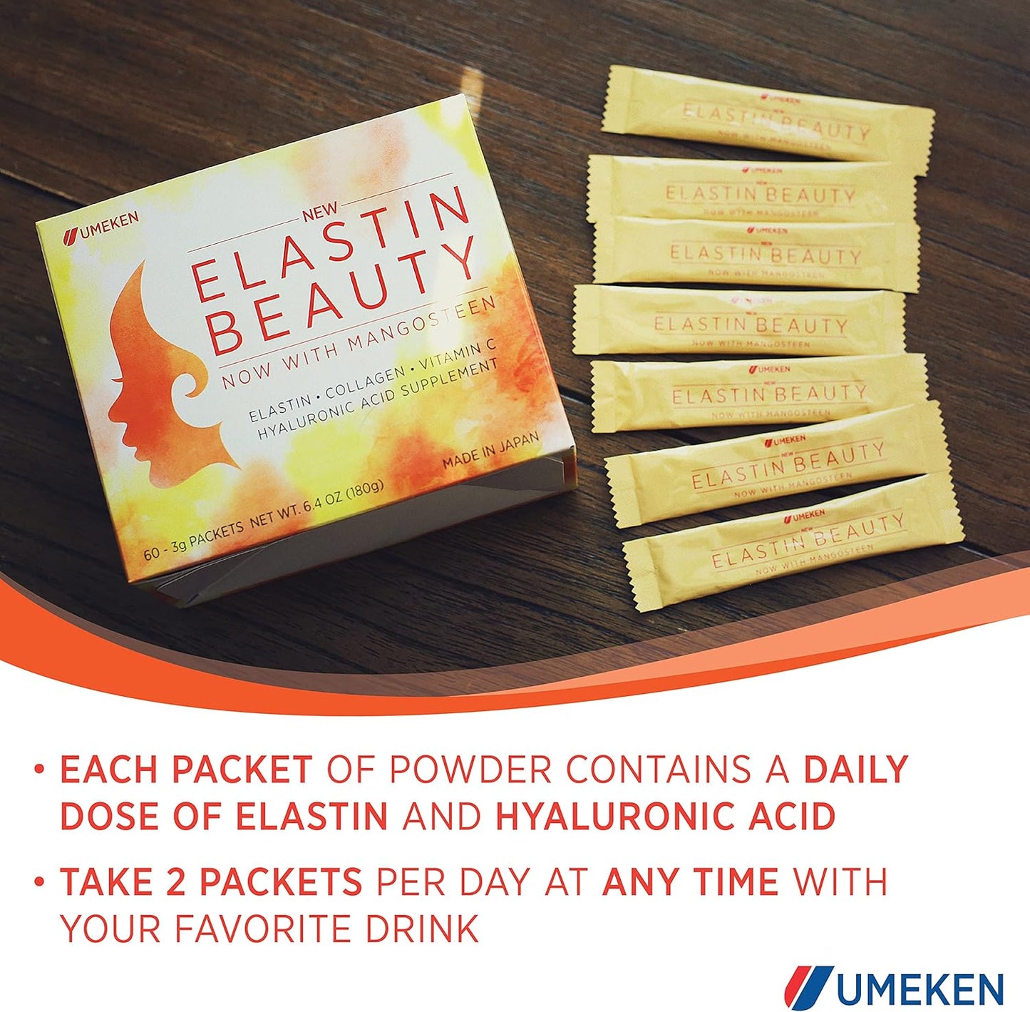 Umeken Elastin Beauty Powder Supplement with Collagen Peptides, Hyaluronic Acid, Vitamin C and Mangosteen Fruit for Women's Health - 1 Month Supply