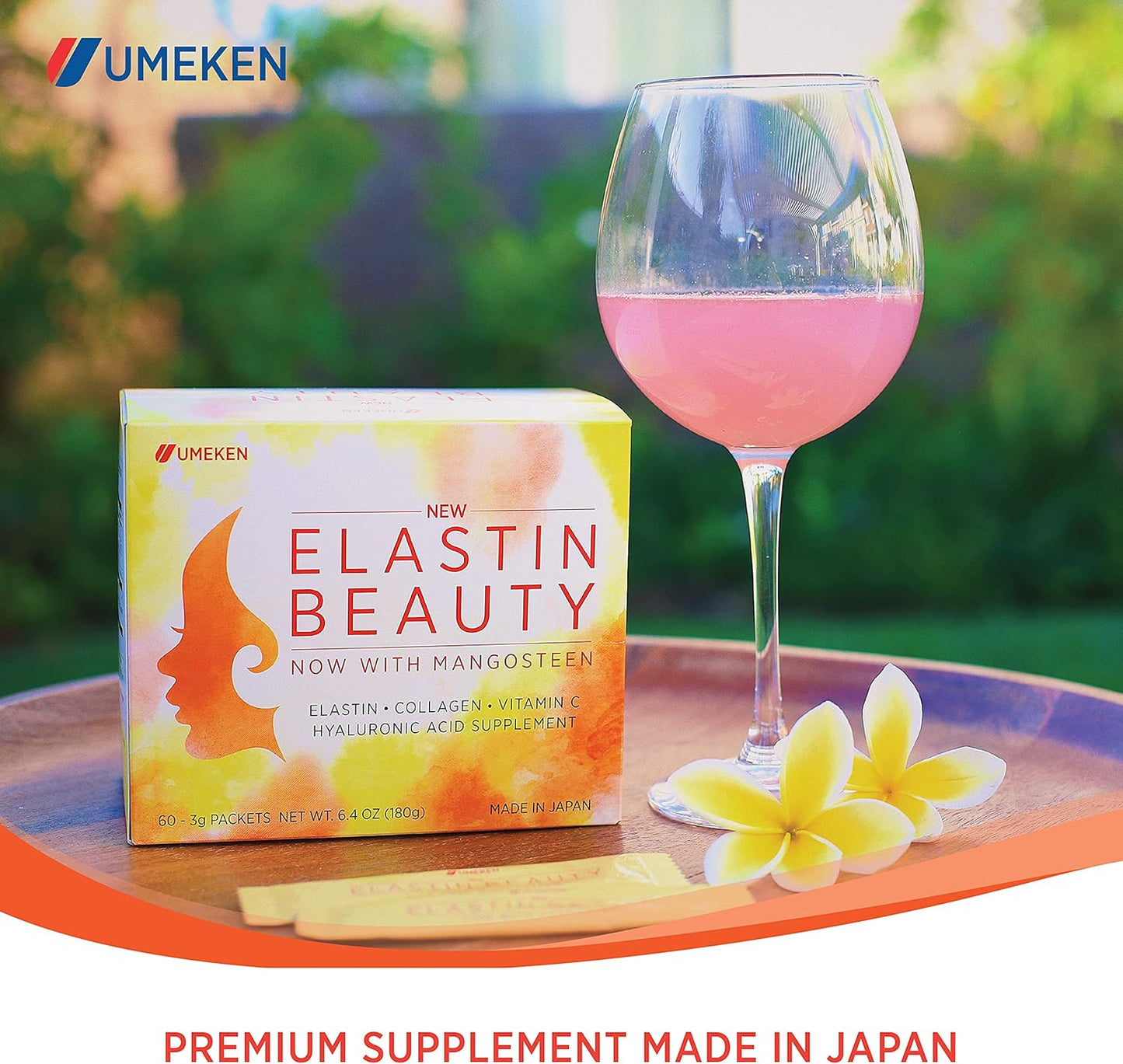 Umeken Elastin Beauty Powder Supplement with Collagen Peptides, Hyaluronic Acid, Vitamin C and Mangosteen Fruit for Women's Health - 1 Month Supply