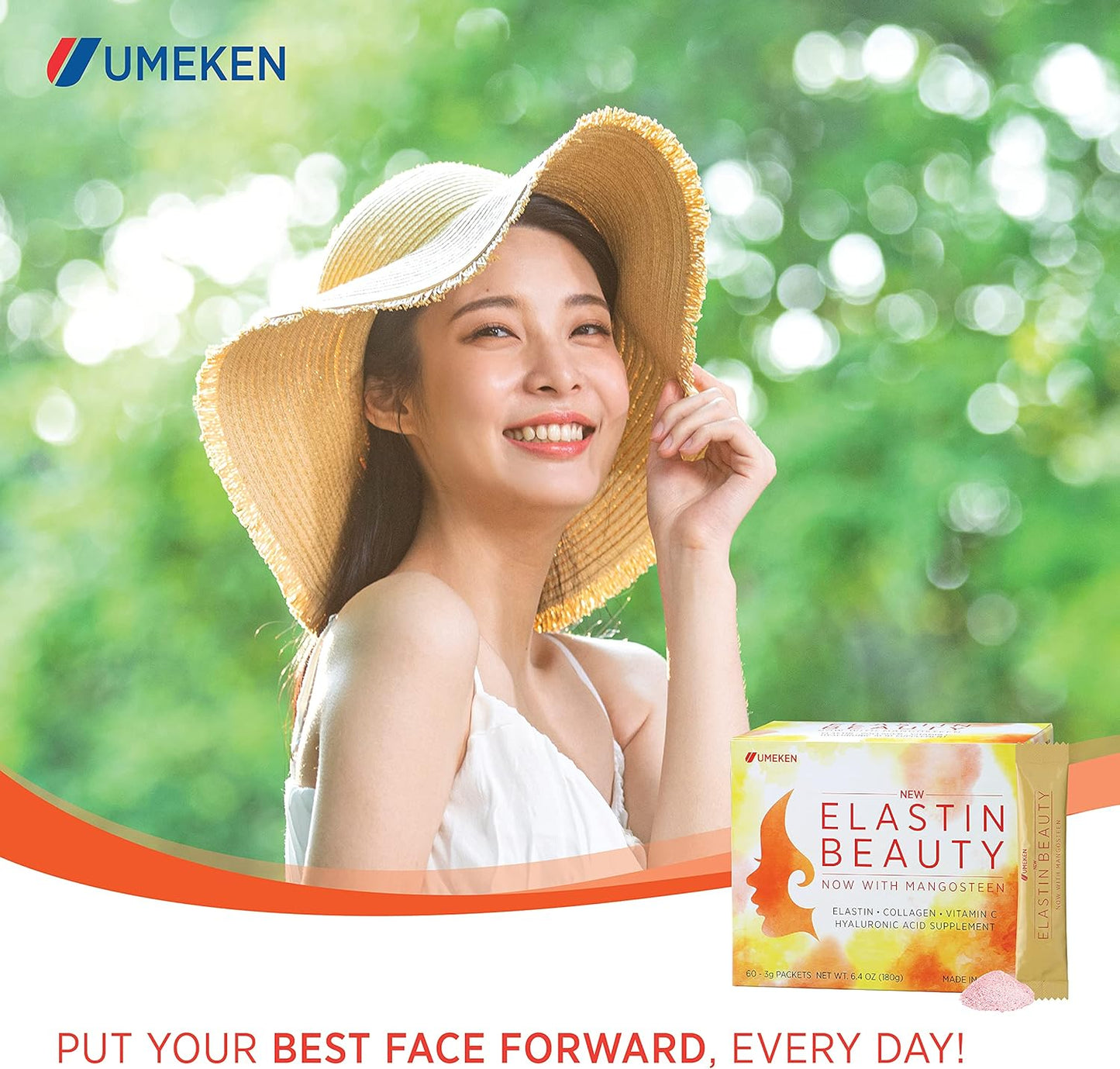 Umeken Elastin Beauty Powder Supplement with Collagen Peptides, Hyaluronic Acid, Vitamin C and Mangosteen Fruit for Women's Health - 1 Month Supply