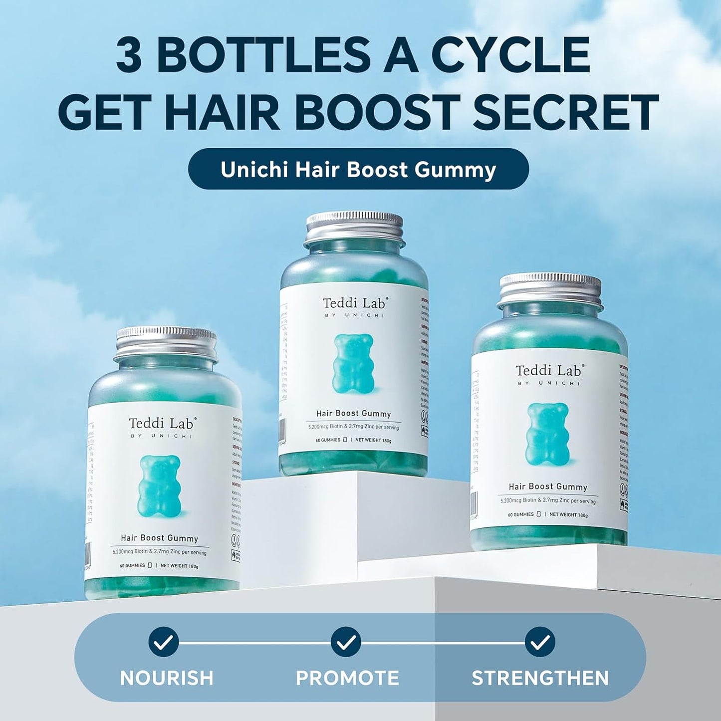 Unichi Hair Boost Gummy 3-Pack - 5200mcg Biotin with Zinc, Pantothenic Acid, Vitamins A, C, E - Stronger, Thicker Hair - Sea Salt & Green Grape Flavour - 180 Count