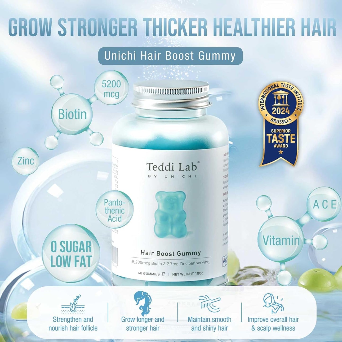 Unichi Hair Boost Gummy 3-Pack - 5200mcg Biotin with Zinc, Pantothenic Acid, Vitamins A, C, E - Stronger, Thicker Hair - Sea Salt & Green Grape Flavour - 180 Count