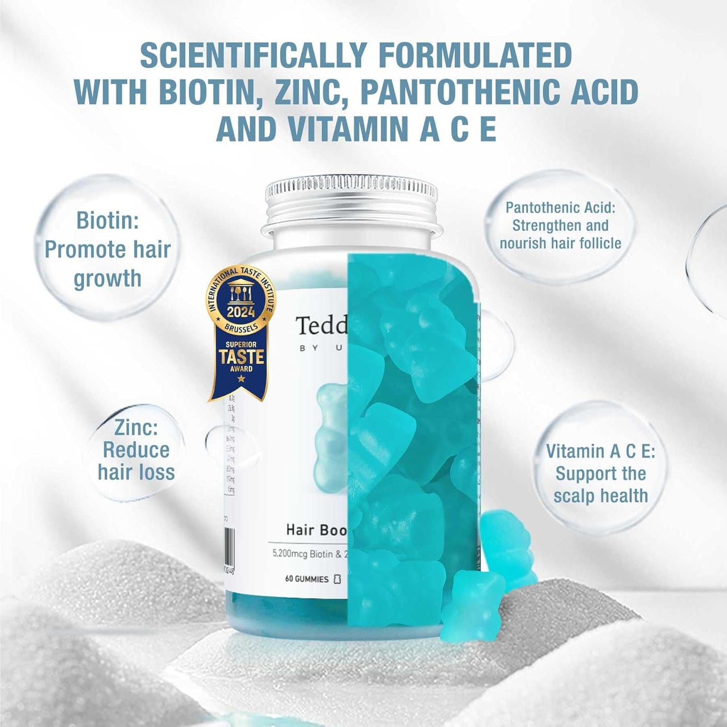 Unichi Hair Boost Gummy 3-Pack - 5200mcg Biotin with Zinc, Pantothenic Acid, Vitamins A, C, E - Stronger, Thicker Hair - Sea Salt & Green Grape Flavour - 180 Count