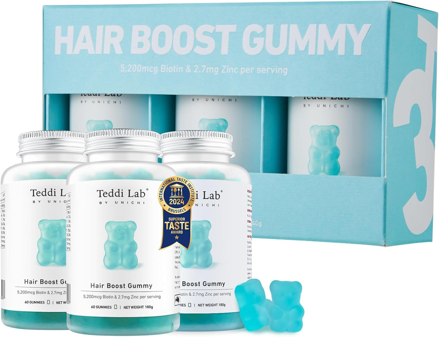 Unichi Hair Boost Gummy 3-Pack - 5200mcg Biotin with Zinc, Pantothenic Acid, Vitamins A, C, E - Stronger, Thicker Hair - Sea Salt & Green Grape Flavour - 180 Count