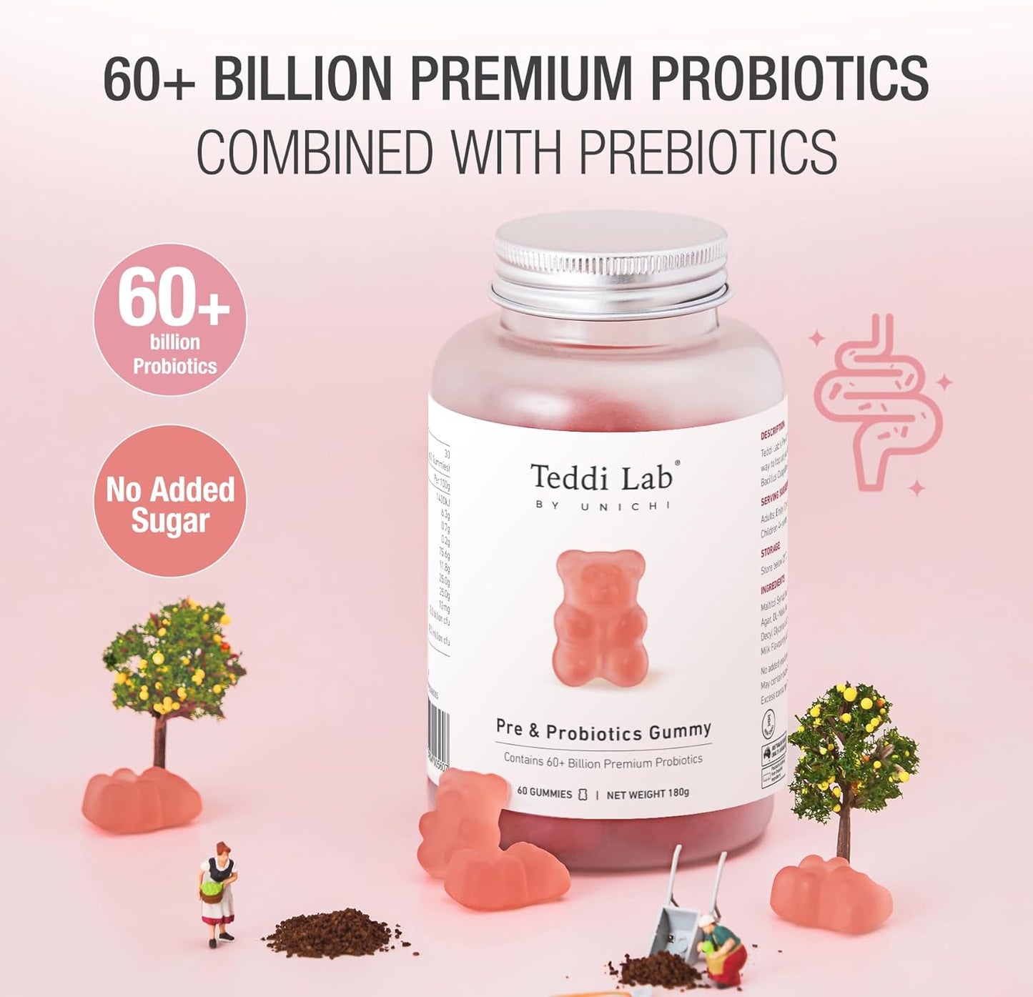 Unichi Pre & Probiotic Gummies: 60+ Billion CFU with Prebiotic for Digestive Health, Non-GMO, Yogurt Flavor - 60 Count