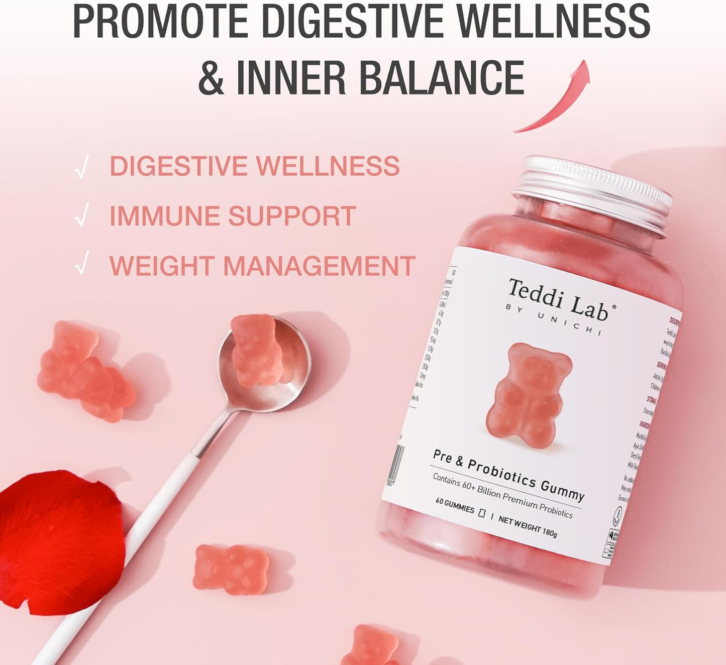 Unichi Pre & Probiotic Gummies: 60+ Billion CFU with Prebiotic for Digestive Health, Non-GMO, Yogurt Flavor - 60 Count