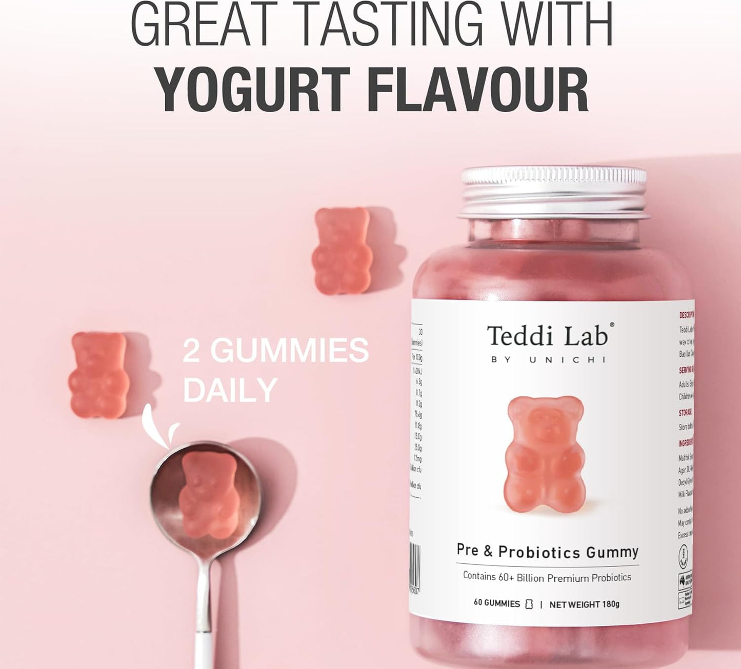 Unichi Pre & Probiotic Gummies: 60+ Billion CFU with Prebiotic for Digestive Health, Non-GMO, Yogurt Flavor - 60 Count