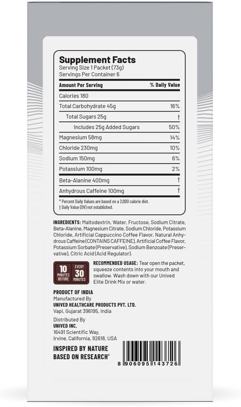 Unived Elite Gel - Energy Boost for Endurance Athletes - Double Espresso Flavor - Pack of 6