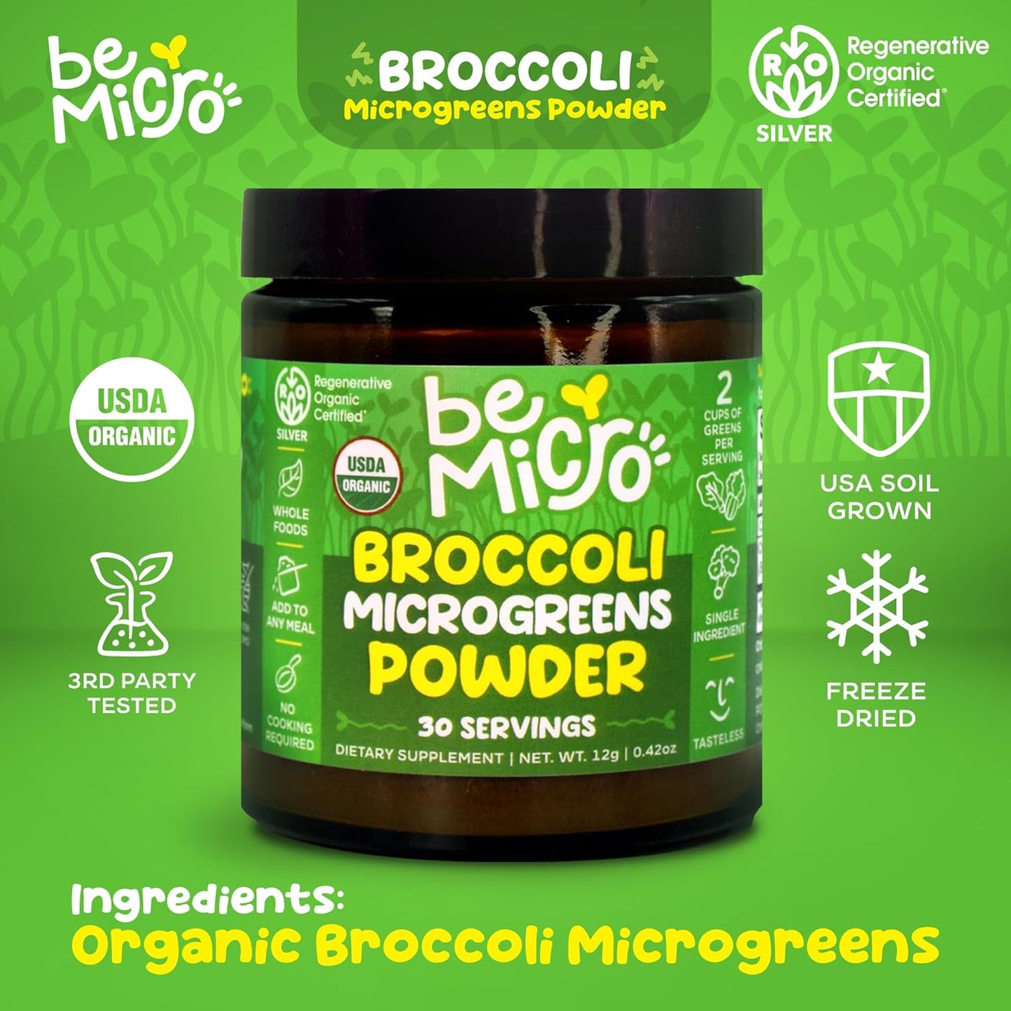 US Grown BeMicro Broccoli Microgreen Powder, Nutritional Booster, Nrf Activation - 30 Servings / 12g