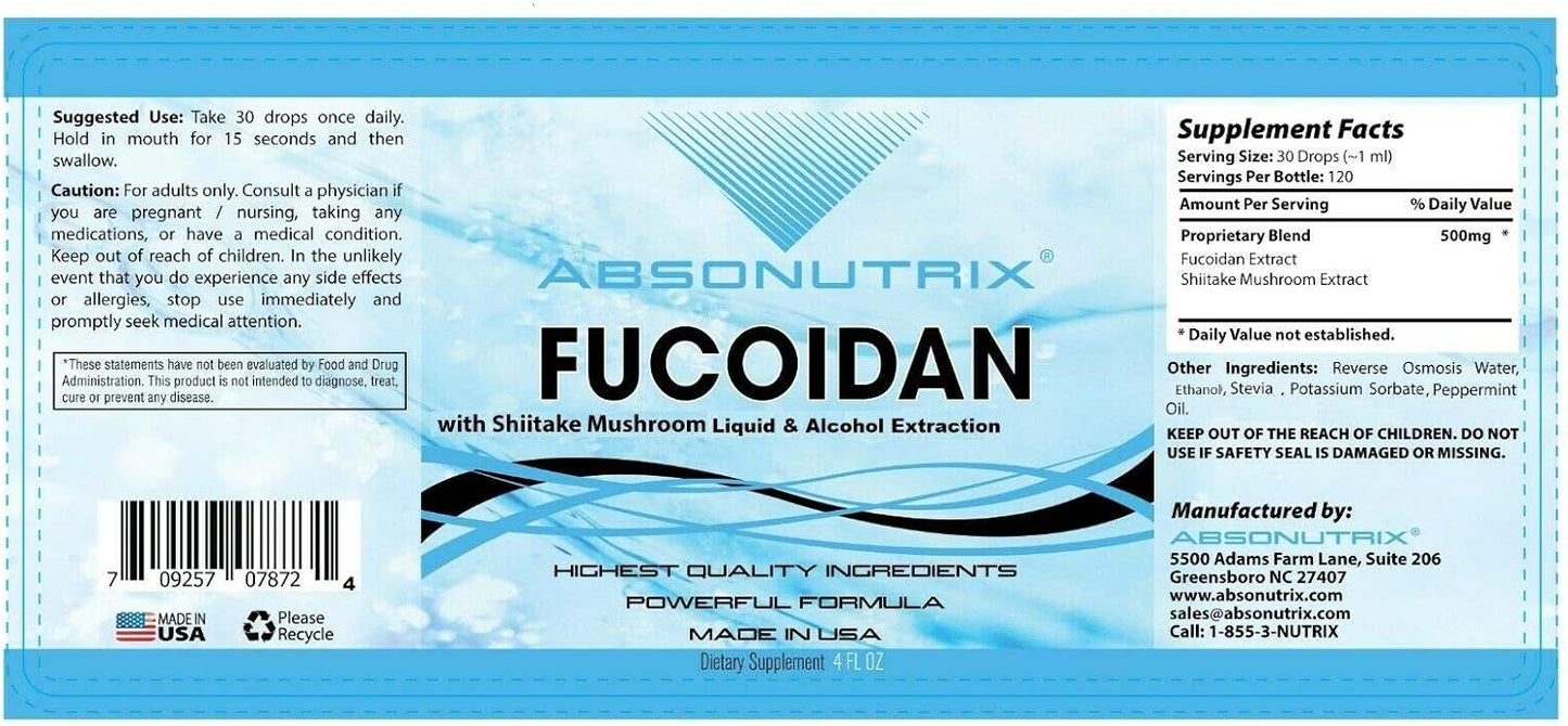 USA-Made Absonutrix Fucoidan & Shitake Mushroom Liquid 500mg - Antioxidant for Immunity & Health - 120 Servings