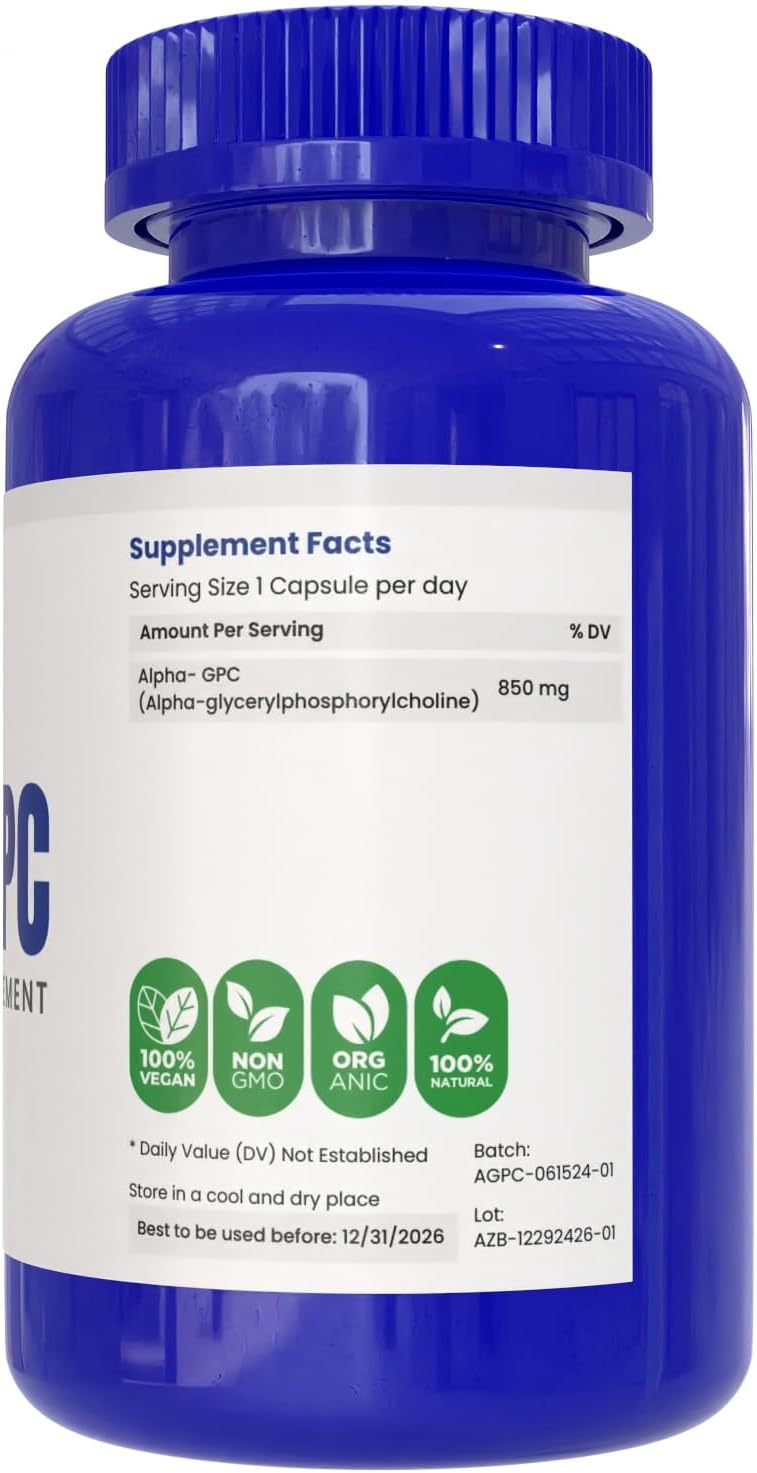 USA-Made AZBIOTECH Alpha GPC Supplement - 120 Capsules, 850mg Servings - Brain Support for Focus, Memory, and Energy Boost