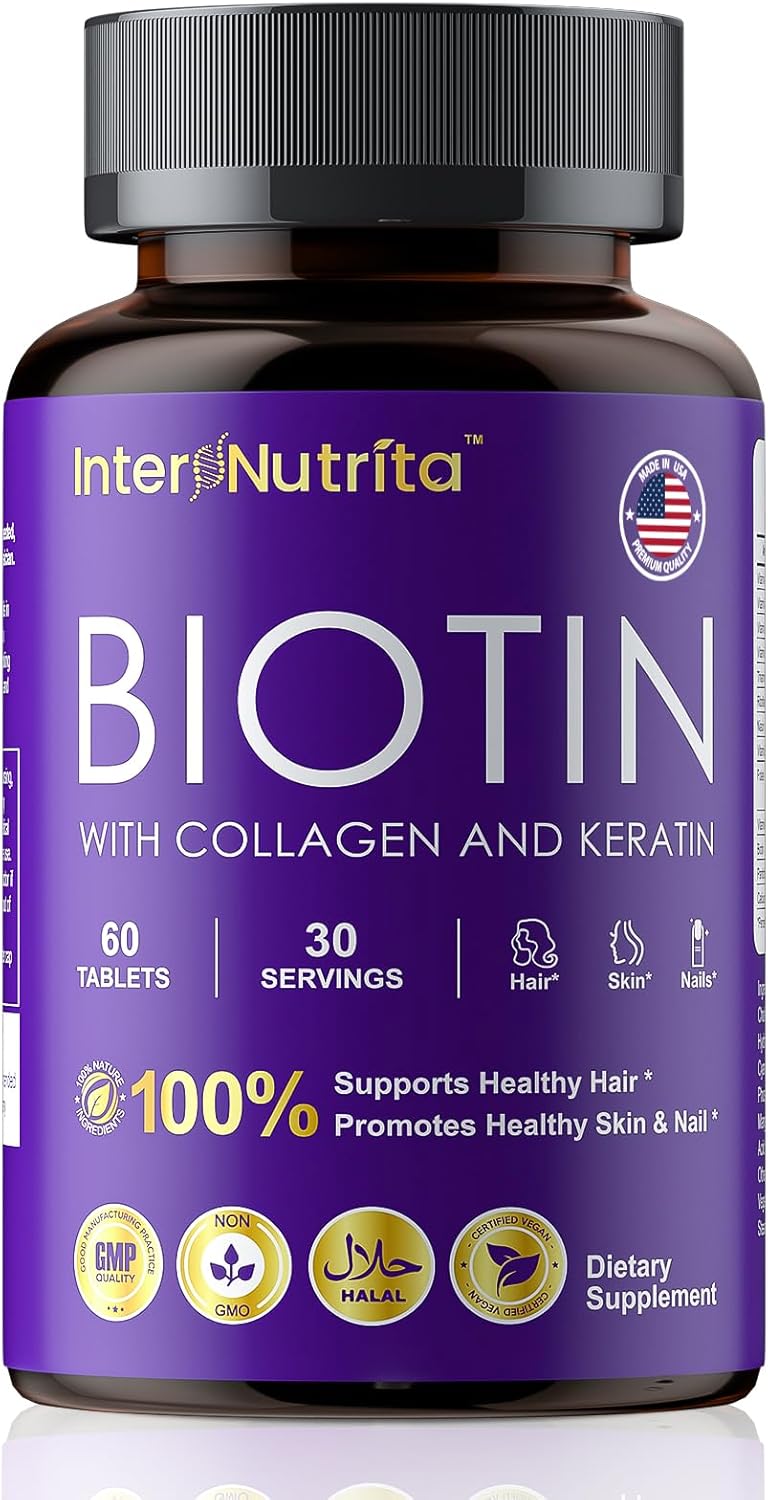 USA Made InterNutrita Biotin with Hydrolysed Collagen and Keratin for Hair, Skin, Nails, and Energy - 5000mcg Biotin Complex with Vitamins A, C, D3, E, B1, B2, B7, B12