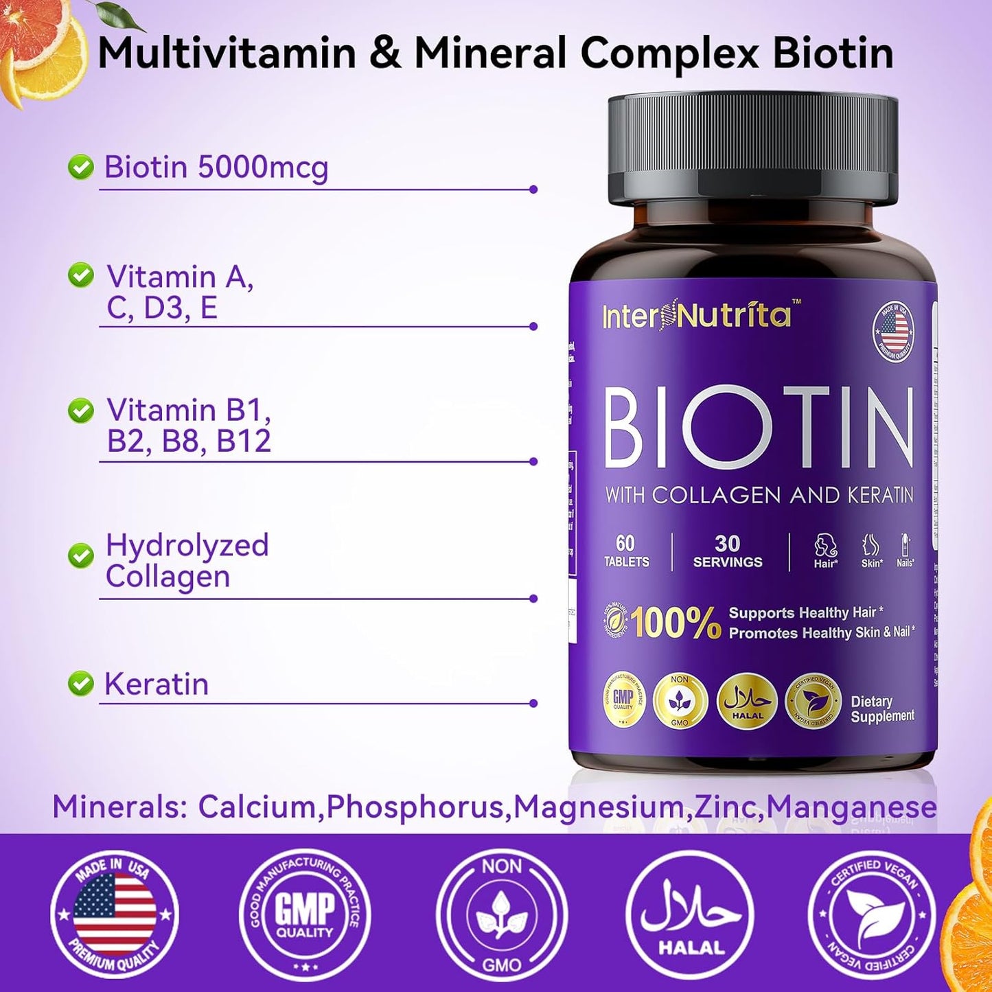USA Made InterNutrita Biotin with Hydrolysed Collagen and Keratin for Hair, Skin, Nails, and Energy - 5000mcg Biotin Complex with Vitamins A, C, D3, E, B1, B2, B7, B12