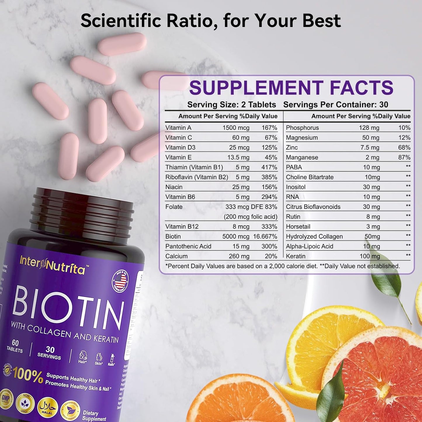 USA Made InterNutrita Biotin with Hydrolysed Collagen and Keratin for Hair, Skin, Nails, and Energy - 5000mcg Biotin Complex with Vitamins A, C, D3, E, B1, B2, B7, B12